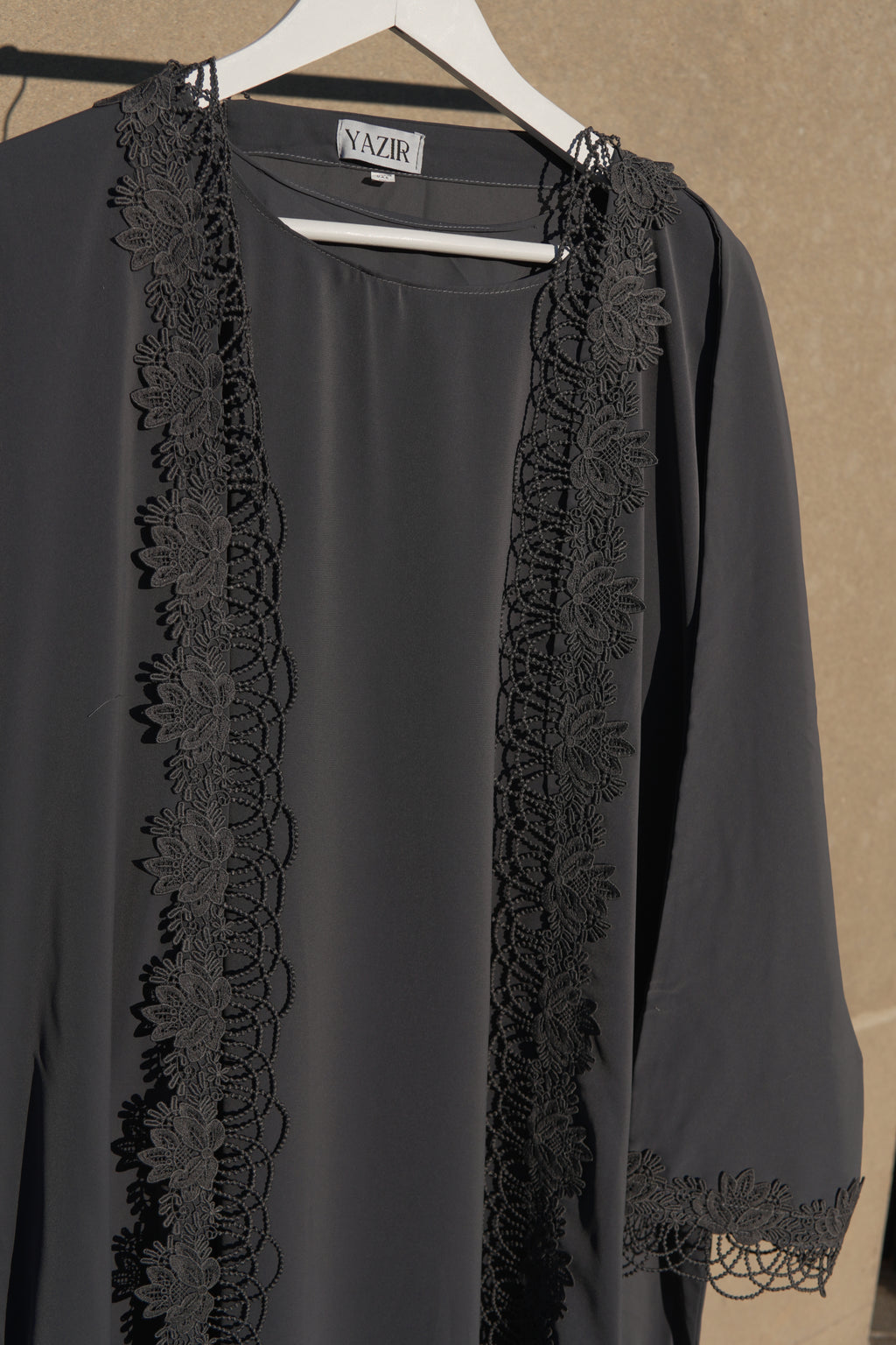 Nayelle Lace Abaya 4 Piece Set – Dark Grey Abaya with Hijab, Slip Dress & Rope