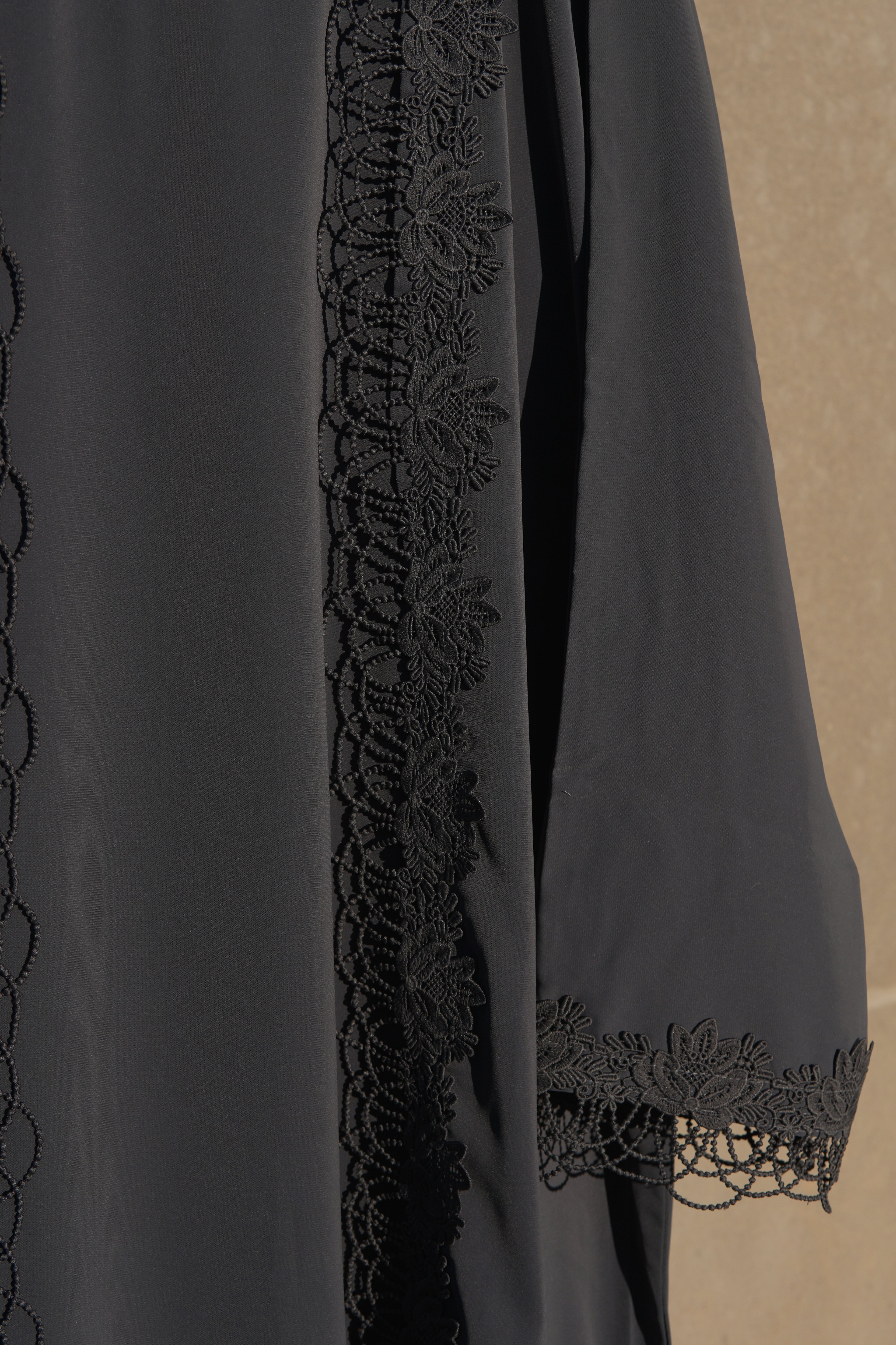 Nayelle Lace Abaya 4 Piece Set – Dark Grey Abaya with Hijab, Slip Dress & Rope