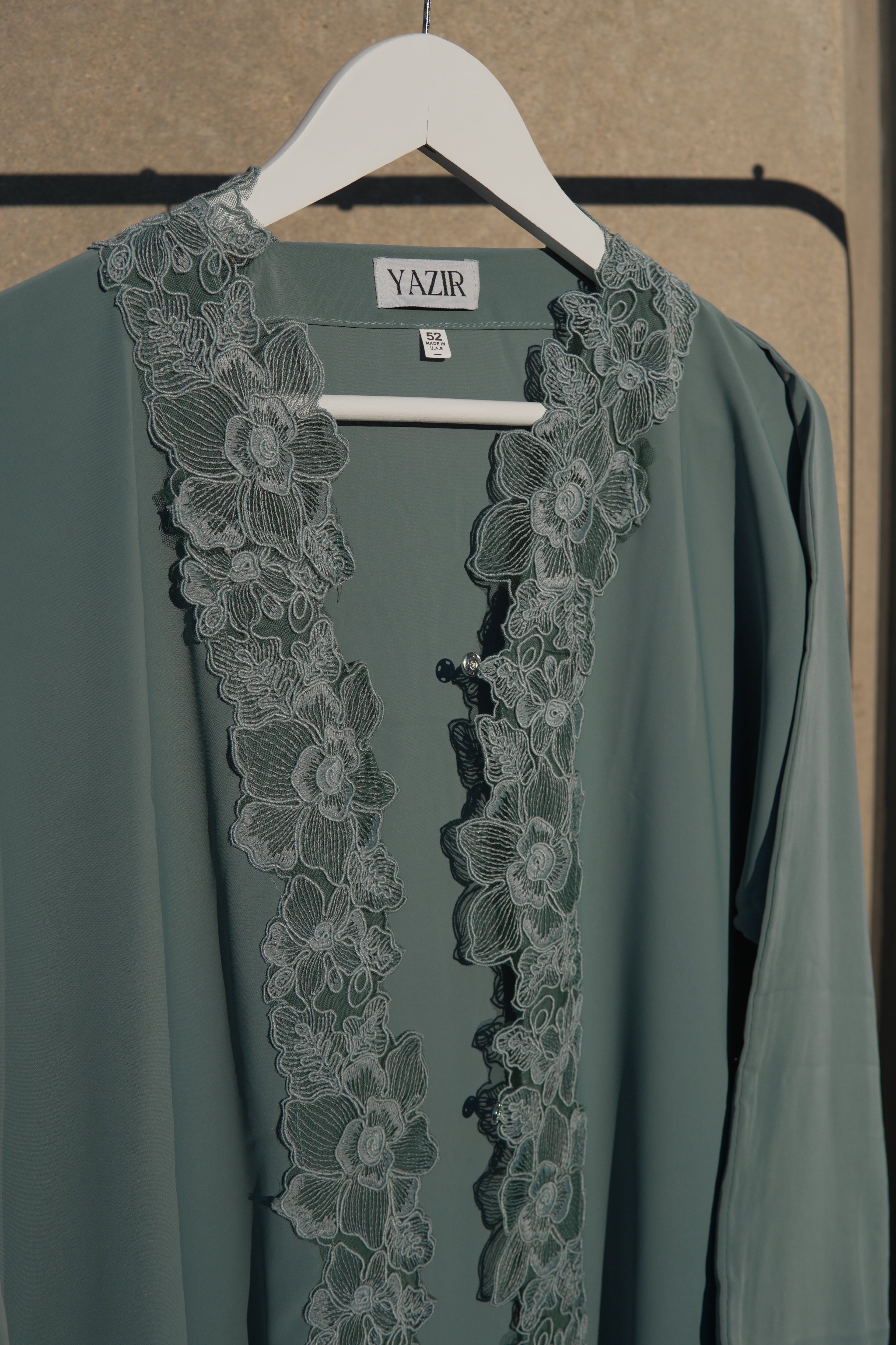 Ayla Floral Lace Abaya 3 Piece Set – Sage Green Abaya with Hijab & Rope