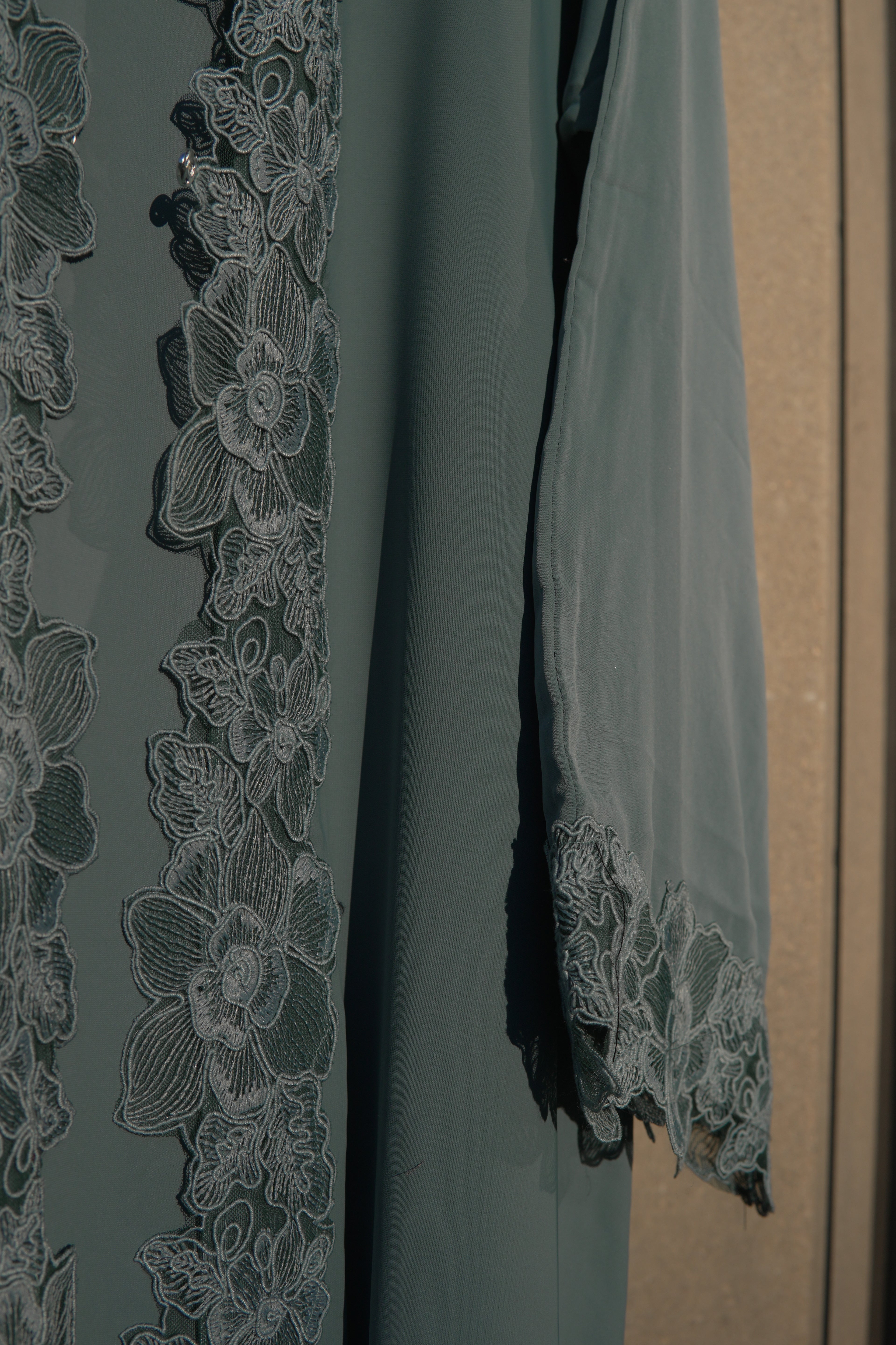 Ayla Floral Lace Abaya 3 Piece Set – Sage Green Abaya with Hijab & Rope