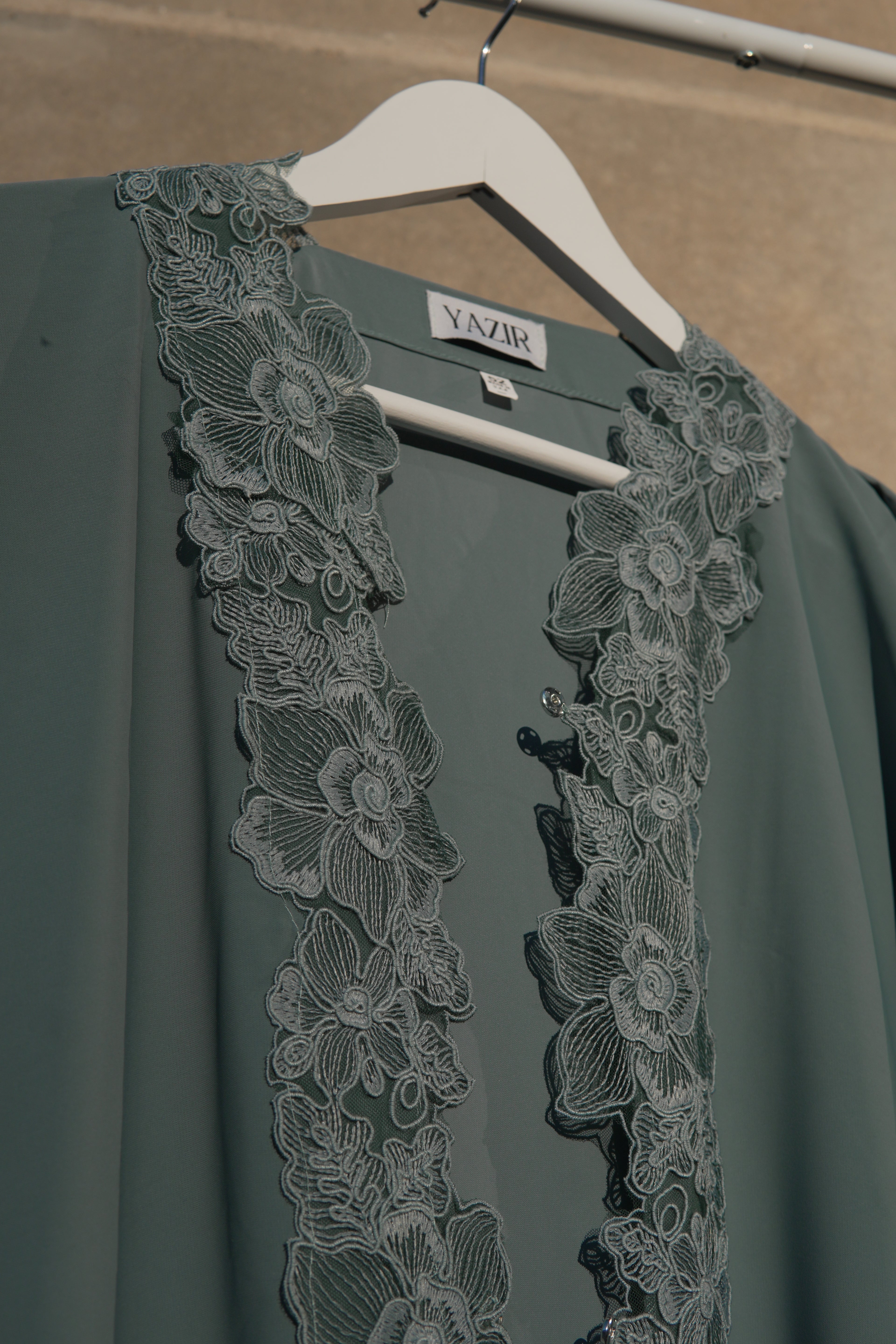 Ayla Floral Lace Abaya 3 Piece Set – Sage Green Abaya with Hijab & Rope