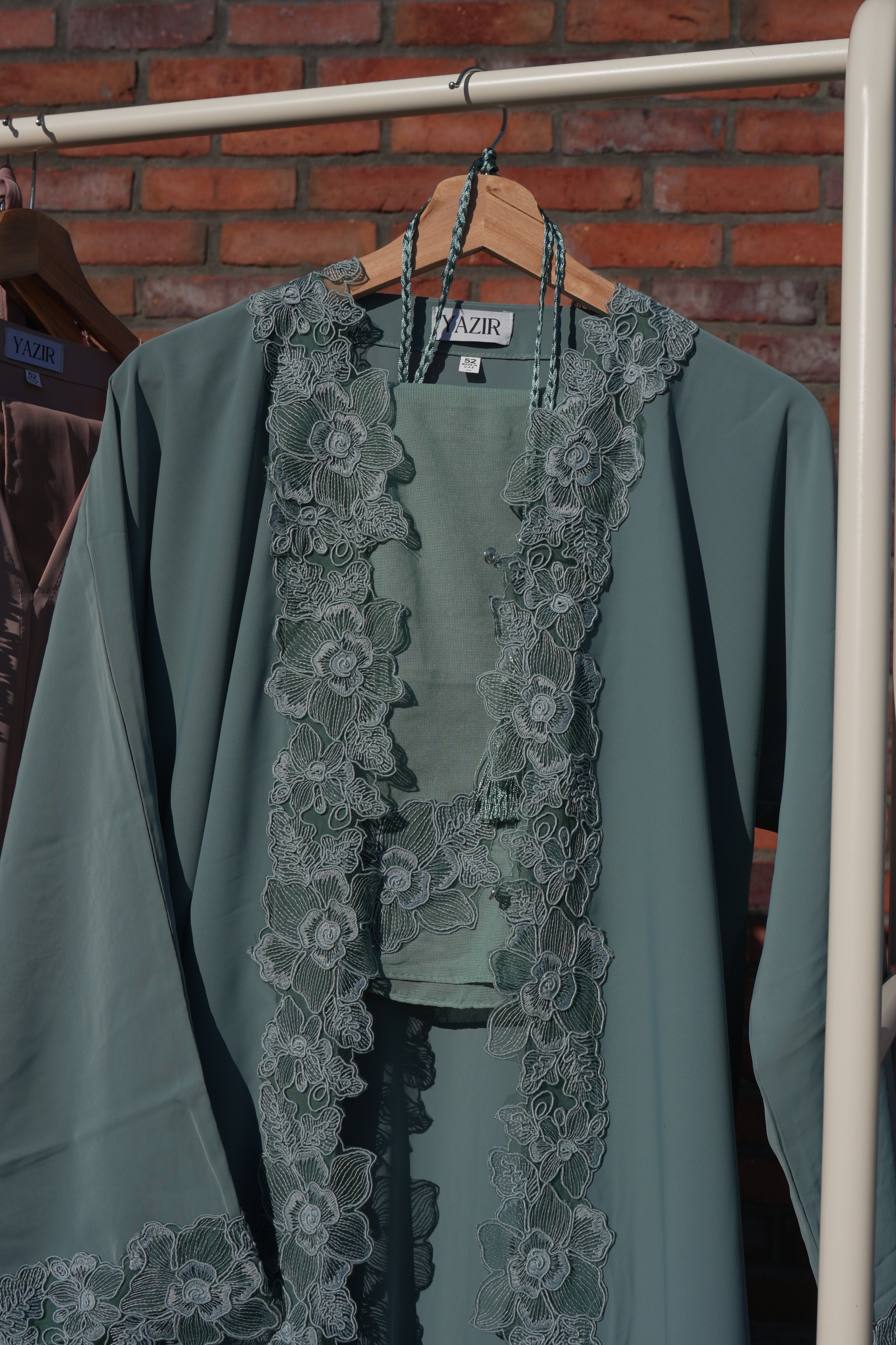 Ayla Floral Lace Abaya 3 Piece Set – Sage Green Abaya with Hijab & Rope