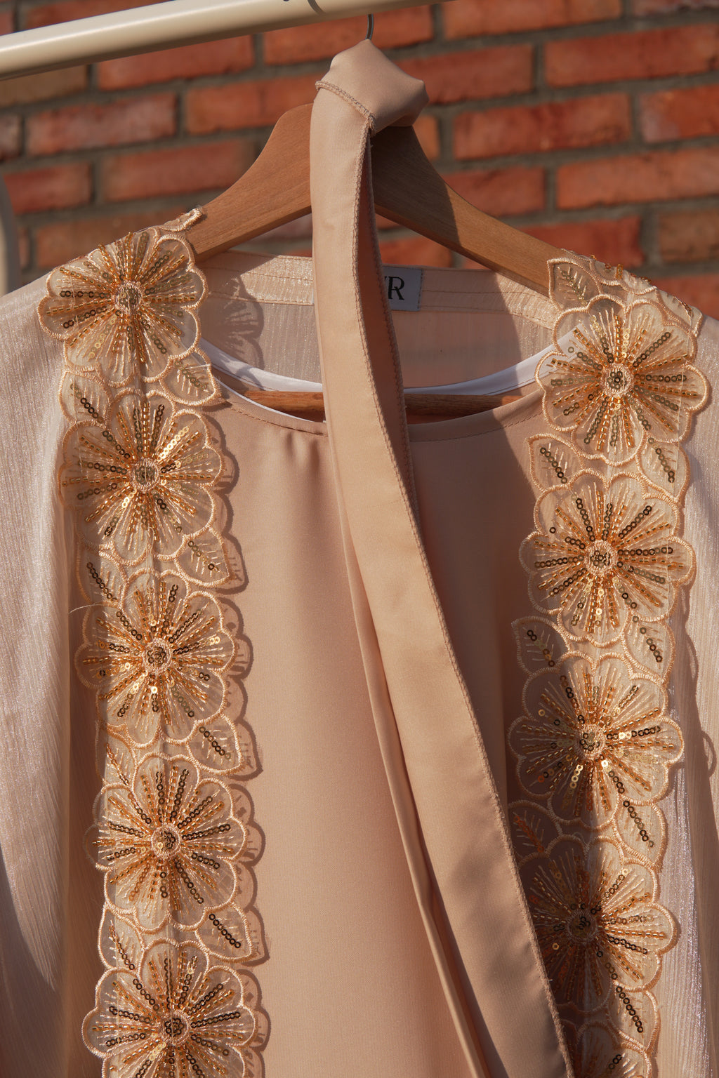 Zareen Embellished Abaya 4 Piece Set – Cream & Gold Abaya with Hijab, Slip Dress & Rope