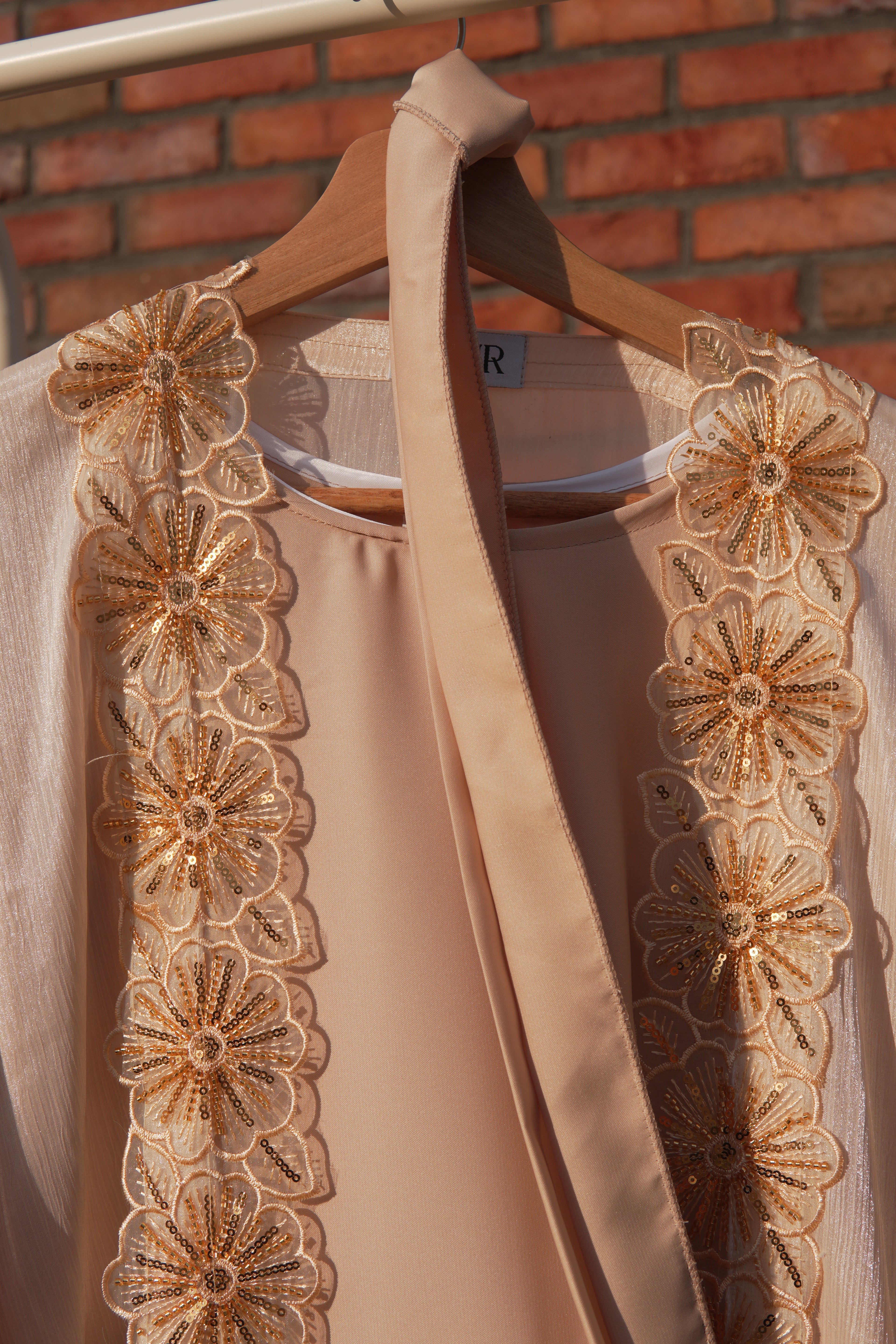 Zareen Embellished Abaya 4 Piece Set – Cream & Gold Abaya with Hijab, Slip Dress & Rope