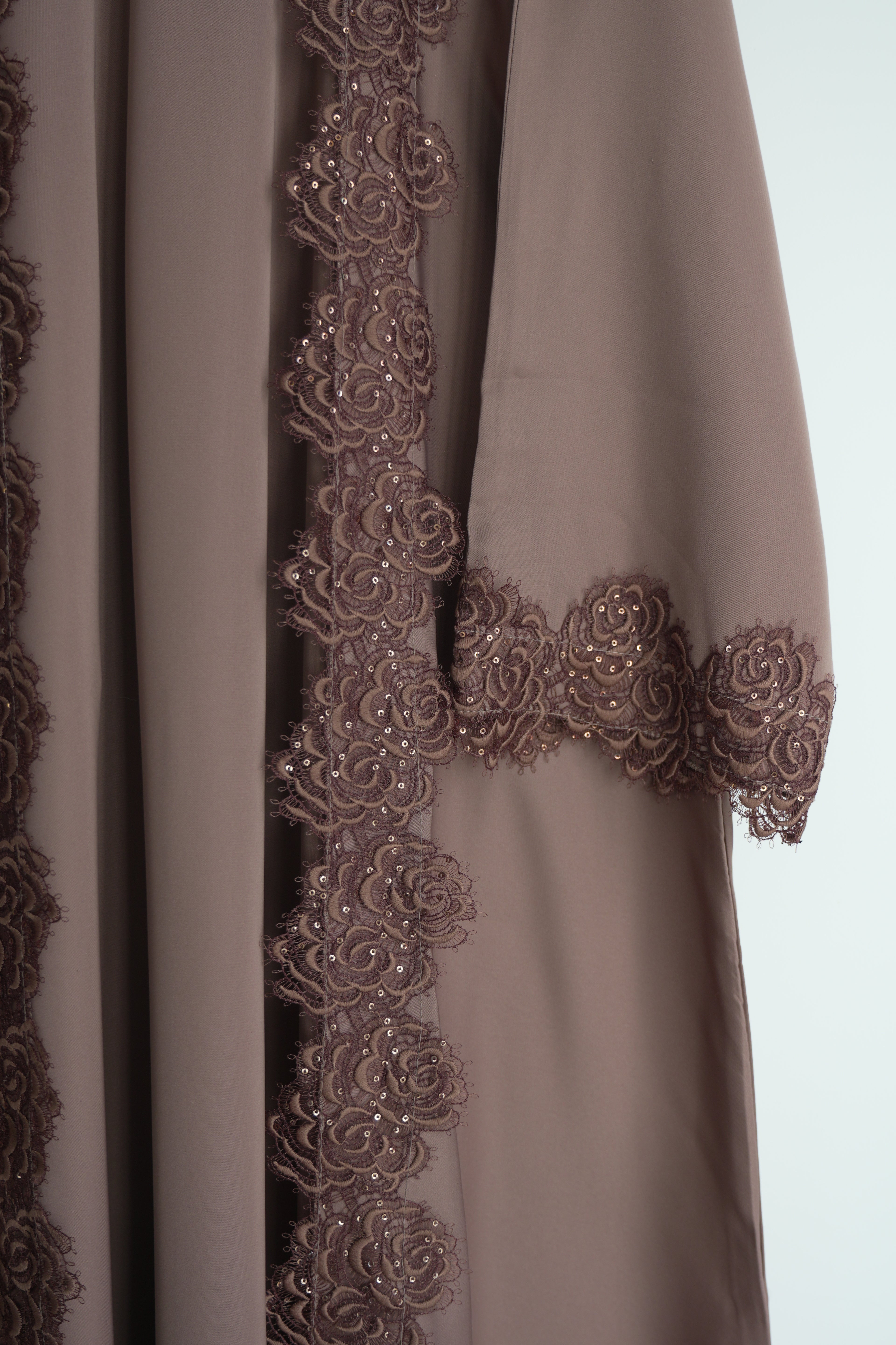 Alora Floral Abaya 4 Piece Set – Brown Abaya with Hijab, Slip Dress & Rope