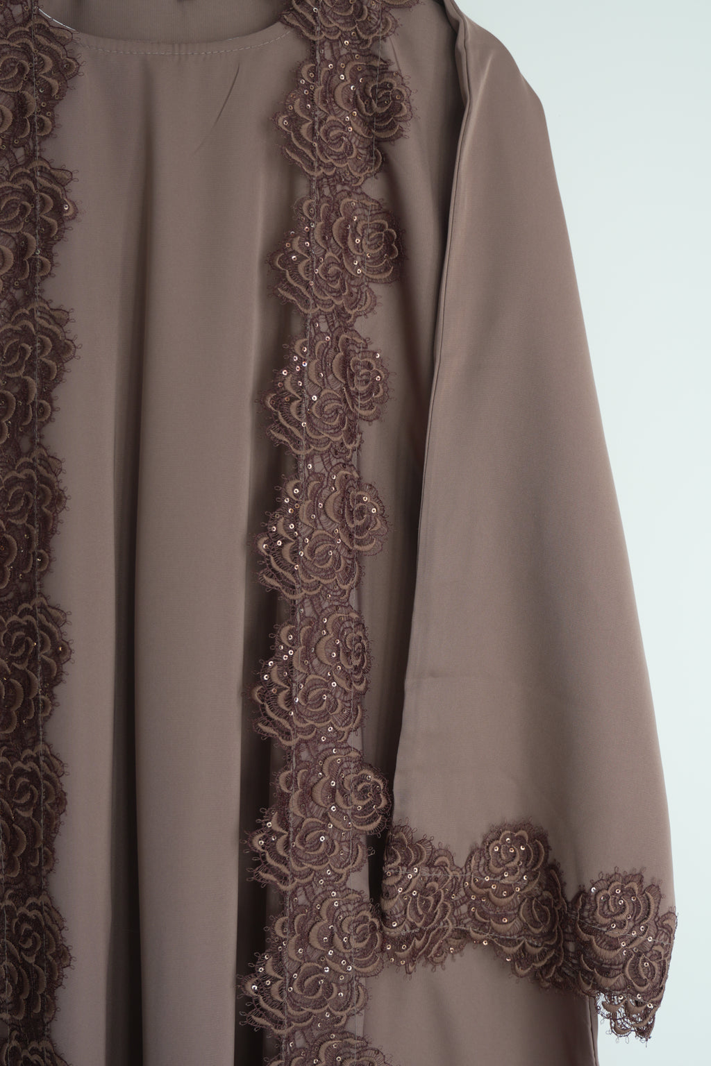 Alora Floral Abaya 4 Piece Set – Brown Abaya with Hijab, Slip Dress & Rope