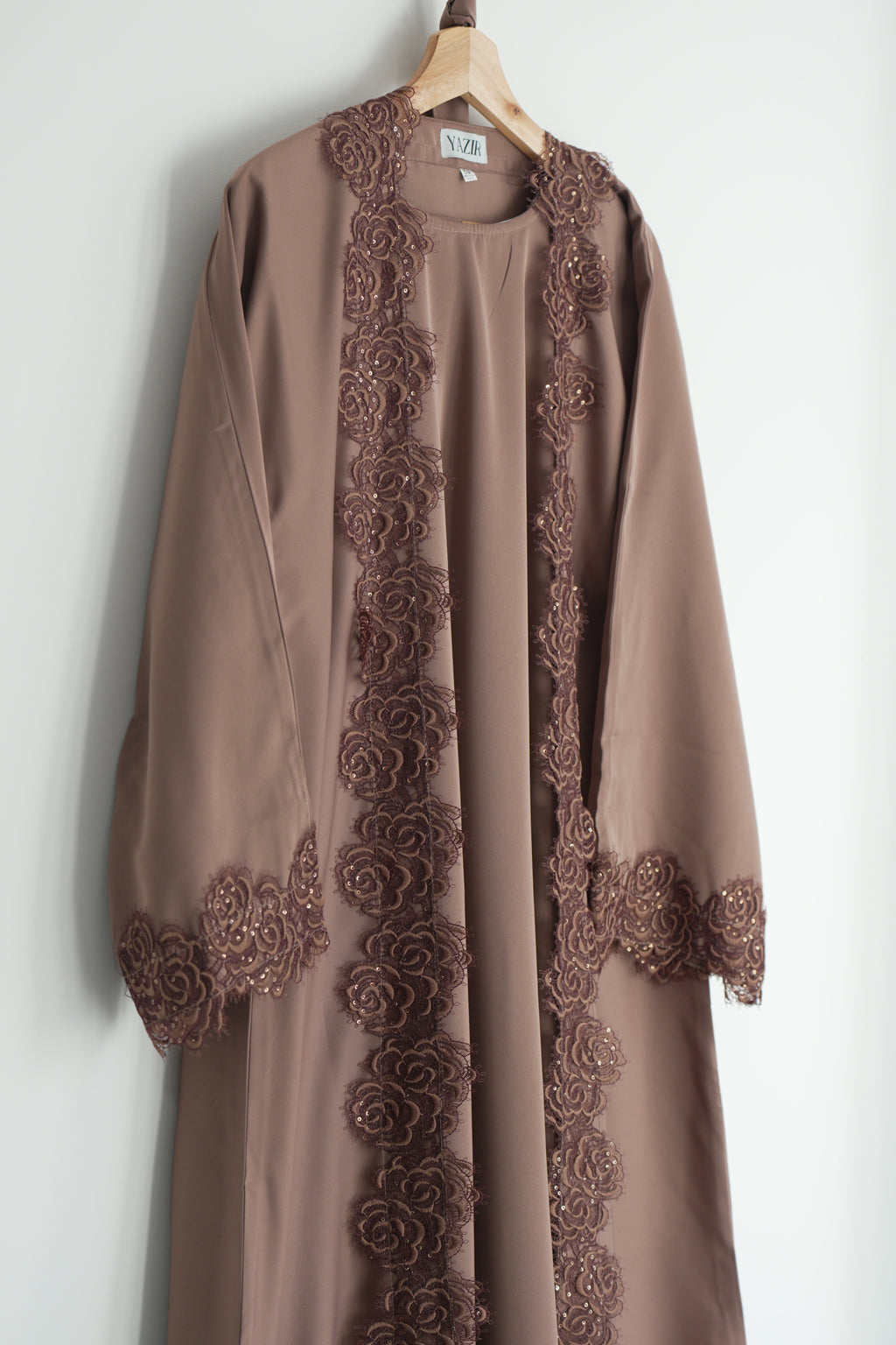 Alora Floral Abaya 4 Piece Set – Brown Abaya with Hijab, Slip Dress & Rope