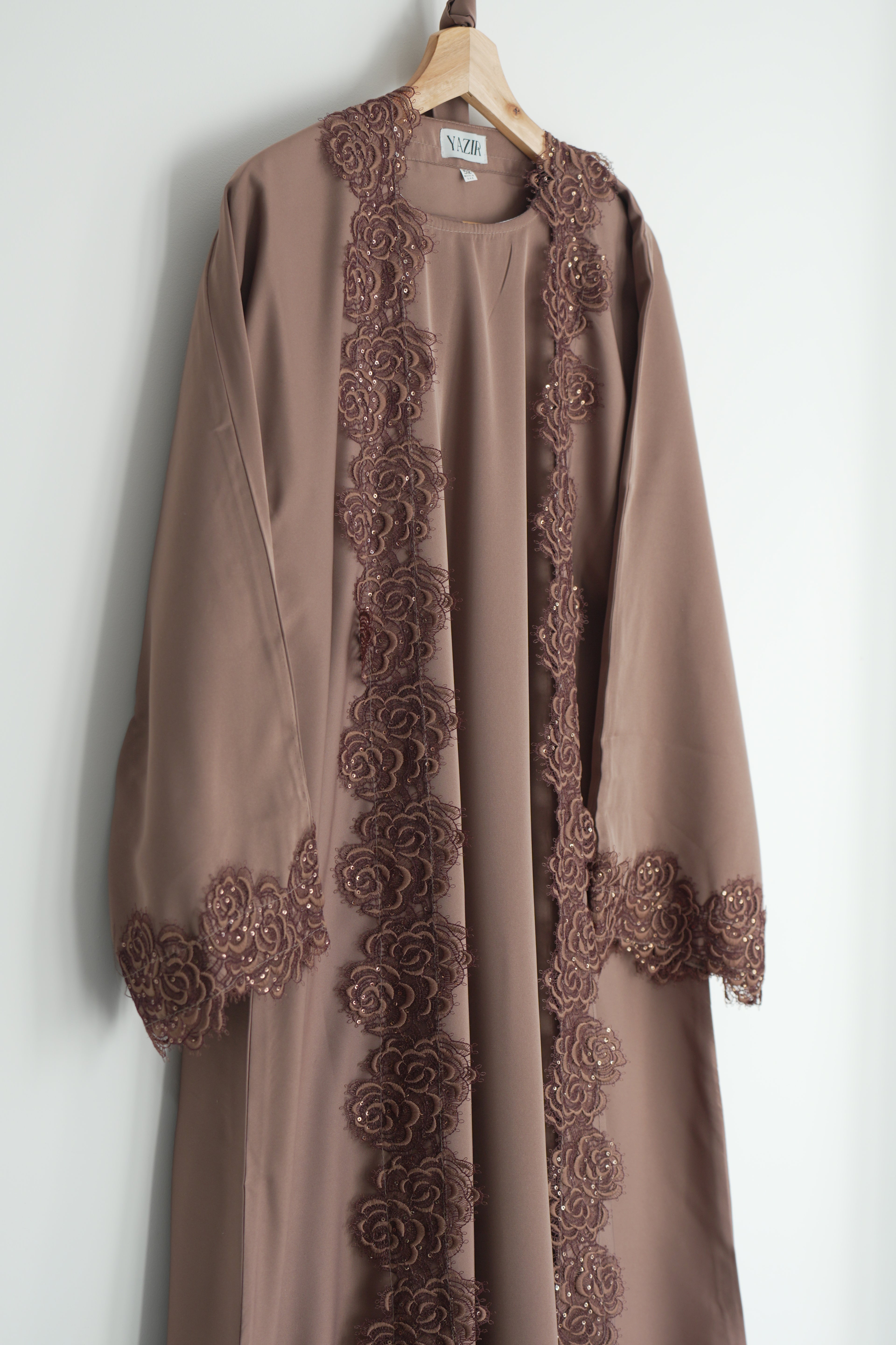 Alora Floral Abaya 4 Piece Set – Brown Abaya with Hijab, Slip Dress & Rope