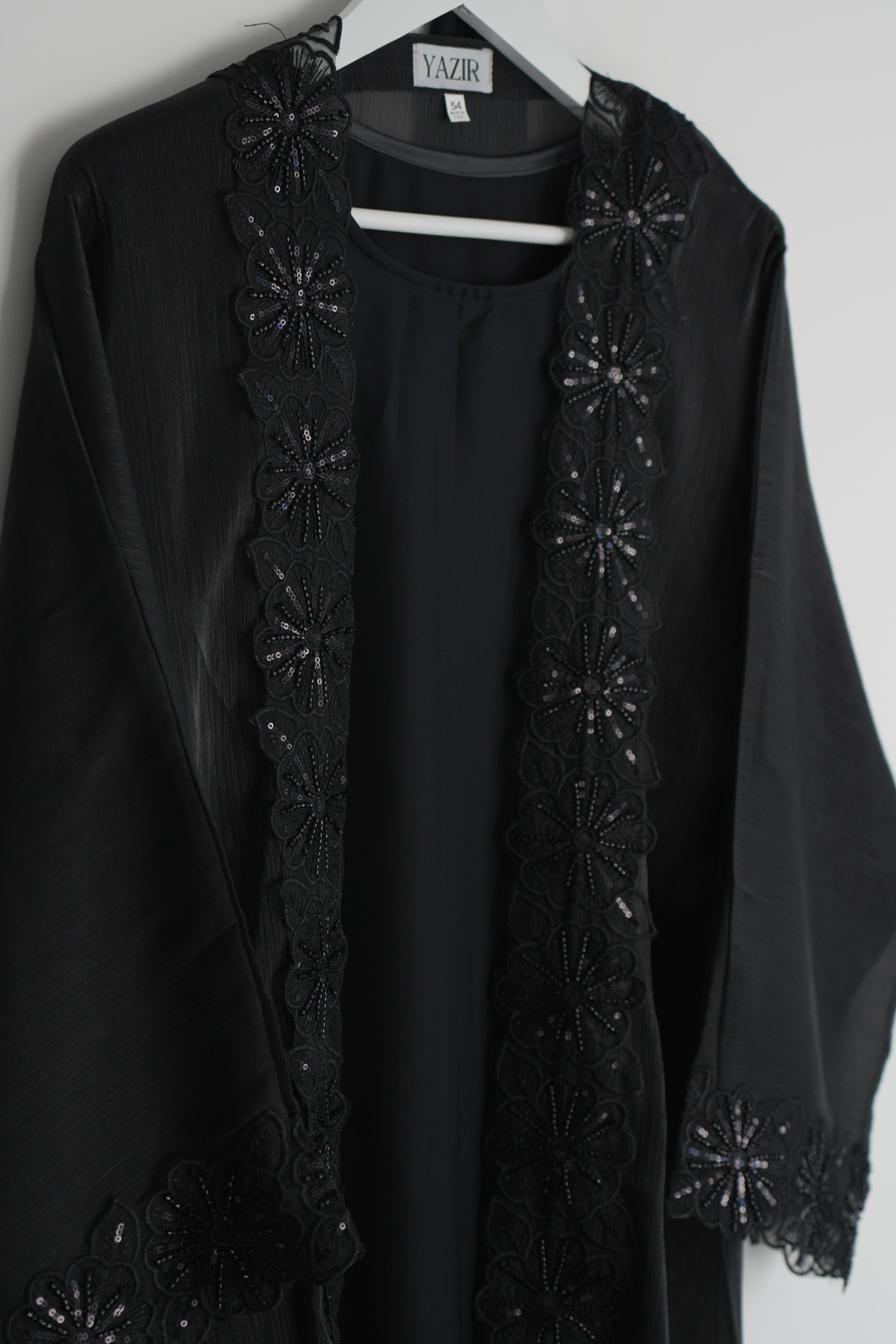 Zareen Embellished Abaya 4 Piece Set – Black Abaya with Hijab, Slip Dress & Rope