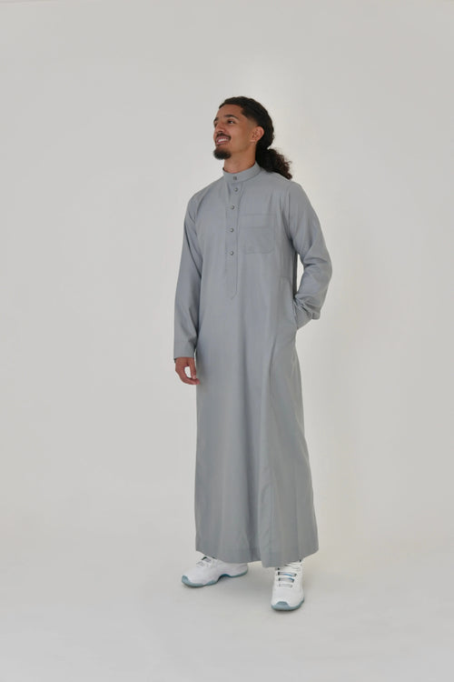 Classic Light Grey Saudi Thobe front view – From #1 Shop YAZIR – YAZIRCO