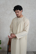 Luxury Beige Lightweight Zibda Emirati Thobe front view – From #1 Shop YAZIR – YAZIRCO