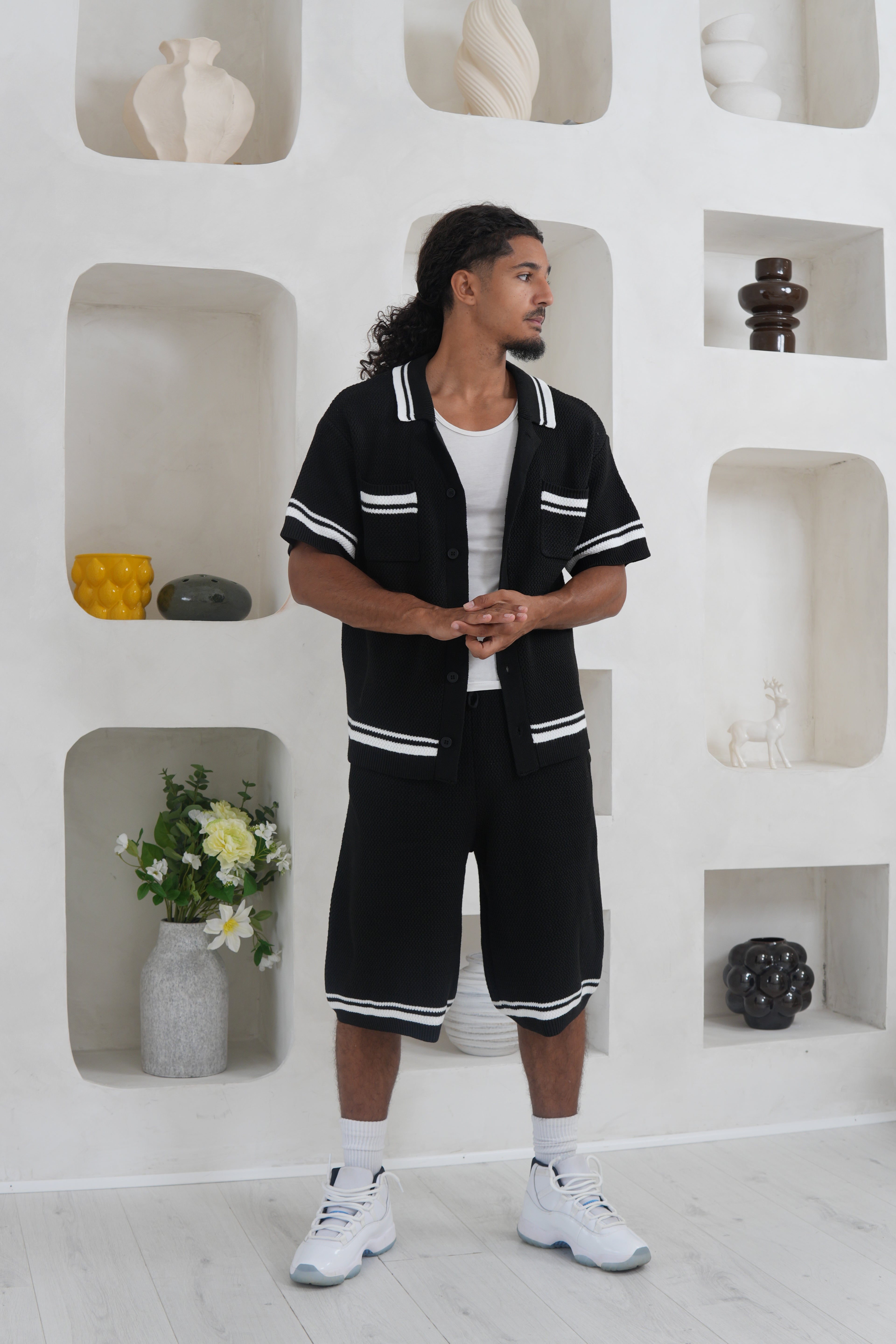 Crochet Knit Button Through Shirt - Black