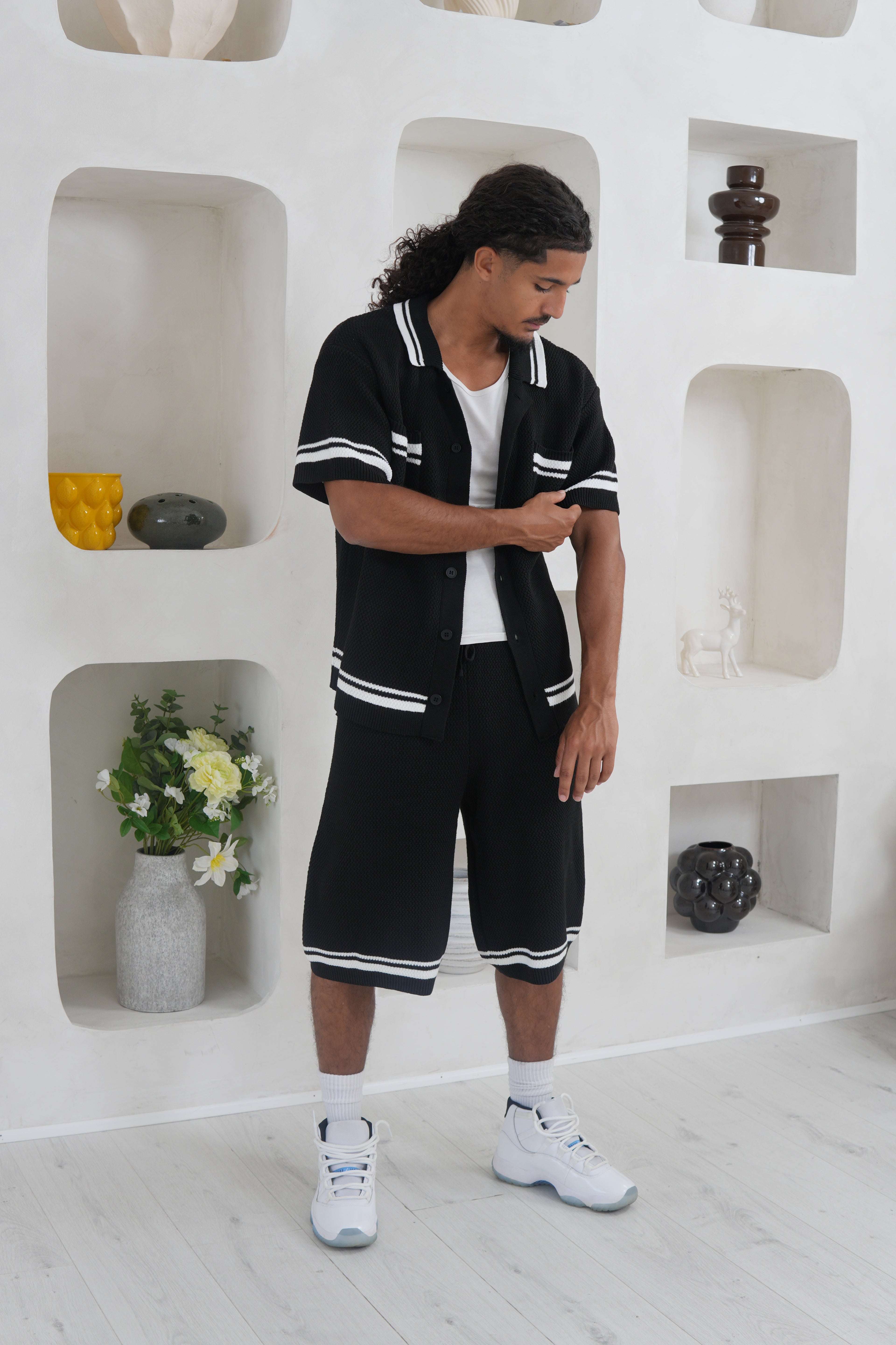 Crochet Knit Button Through Shirt - Black