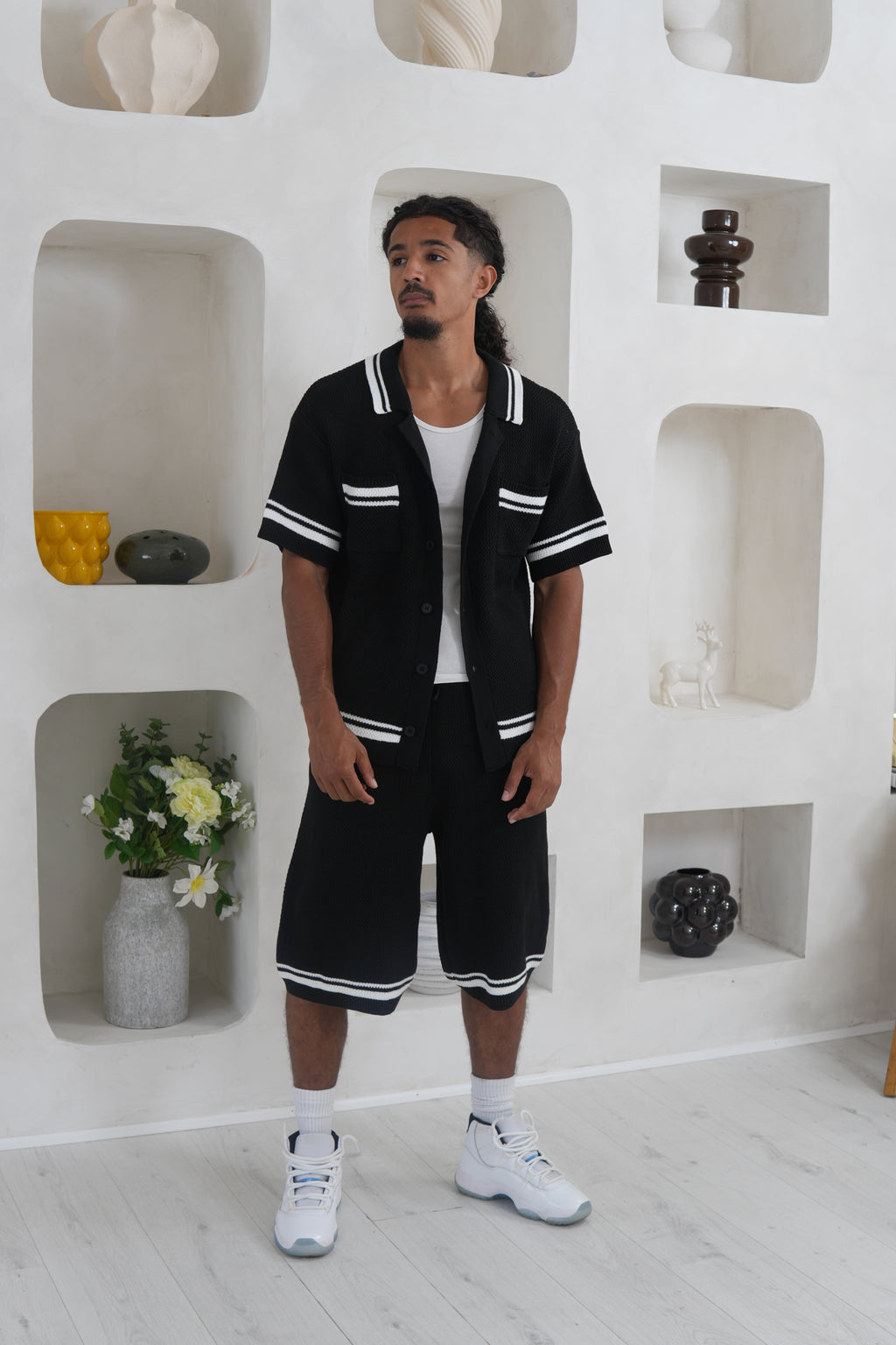 Crochet Knit Button Through Shirt - Black