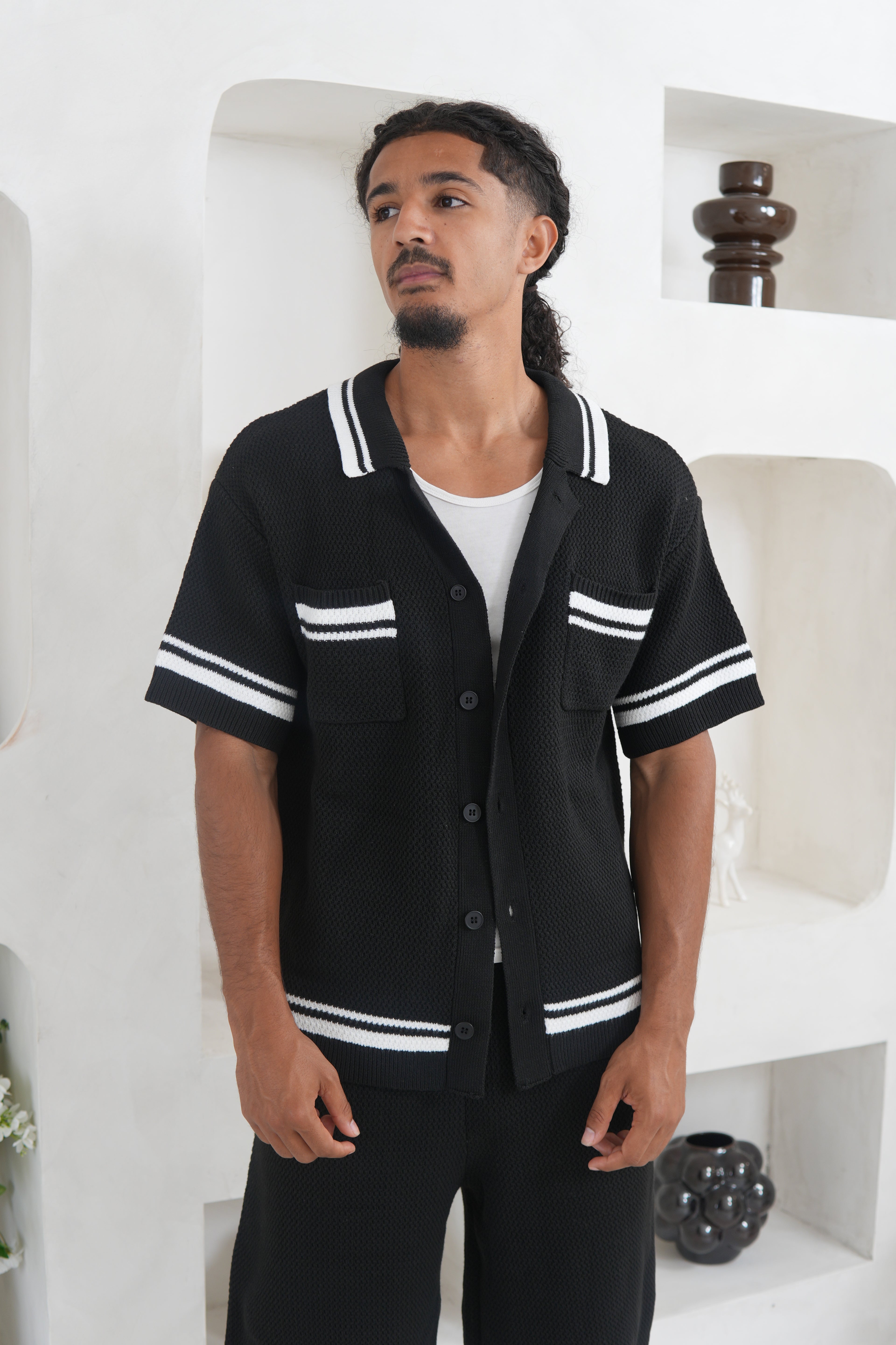 Crochet Knit Button Through Shirt - Black