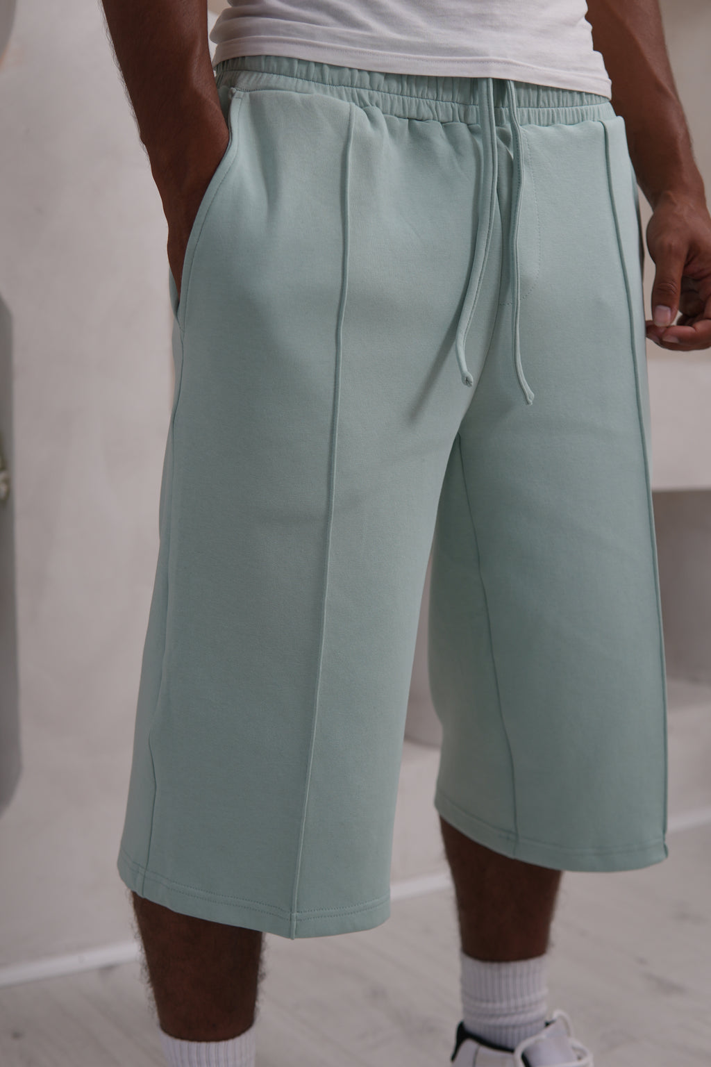 Men's Luxe Sage Green Knee Length Shorts