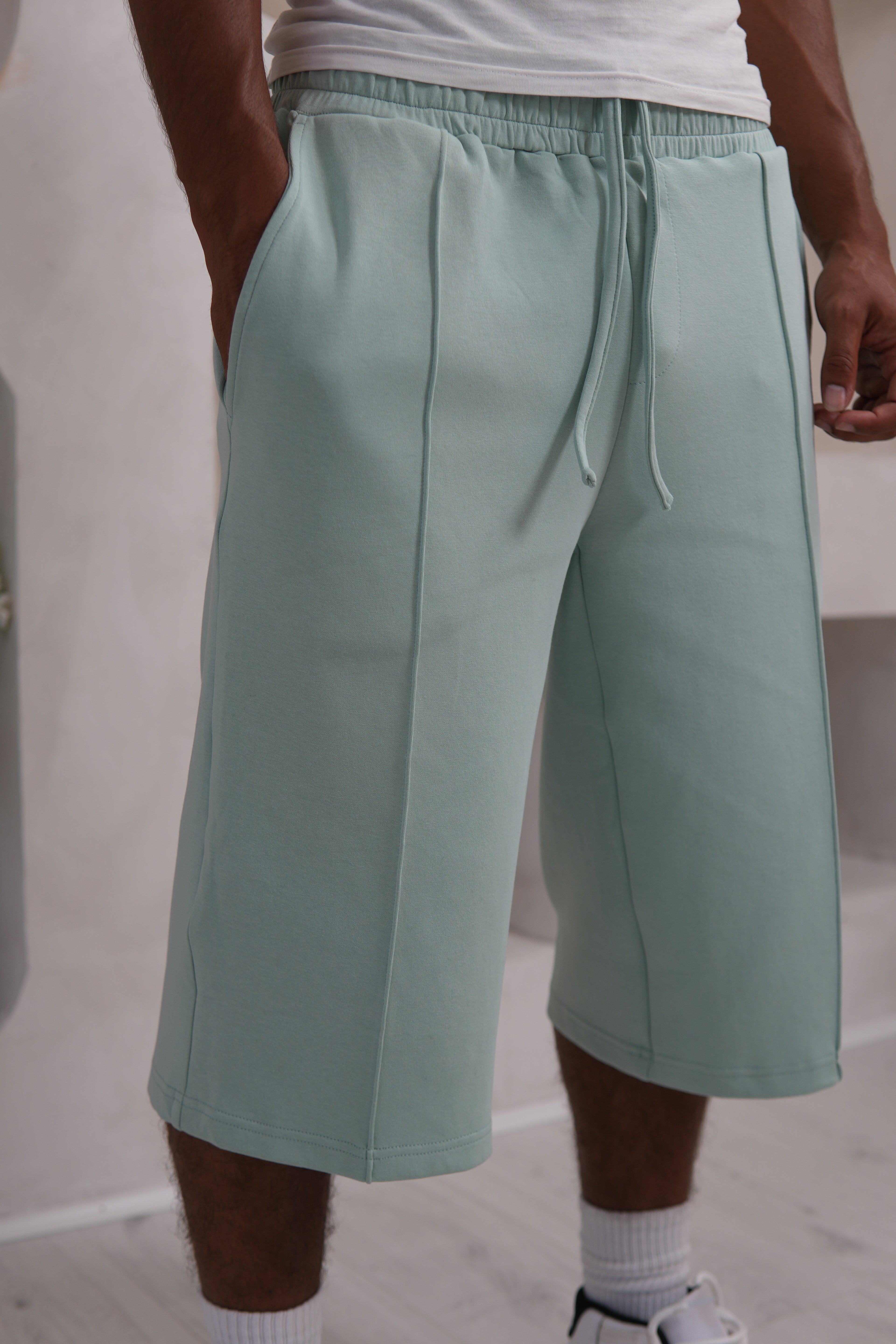 Men's Luxe Sage Green Knee Length Shorts