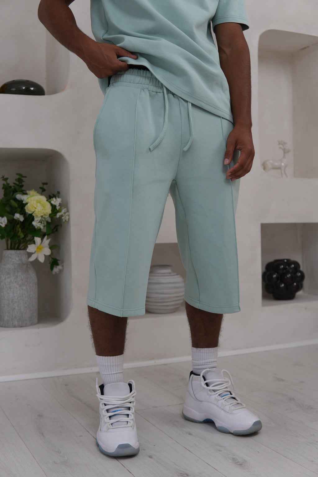 Men's Luxe Sage Green Knee Length Shorts