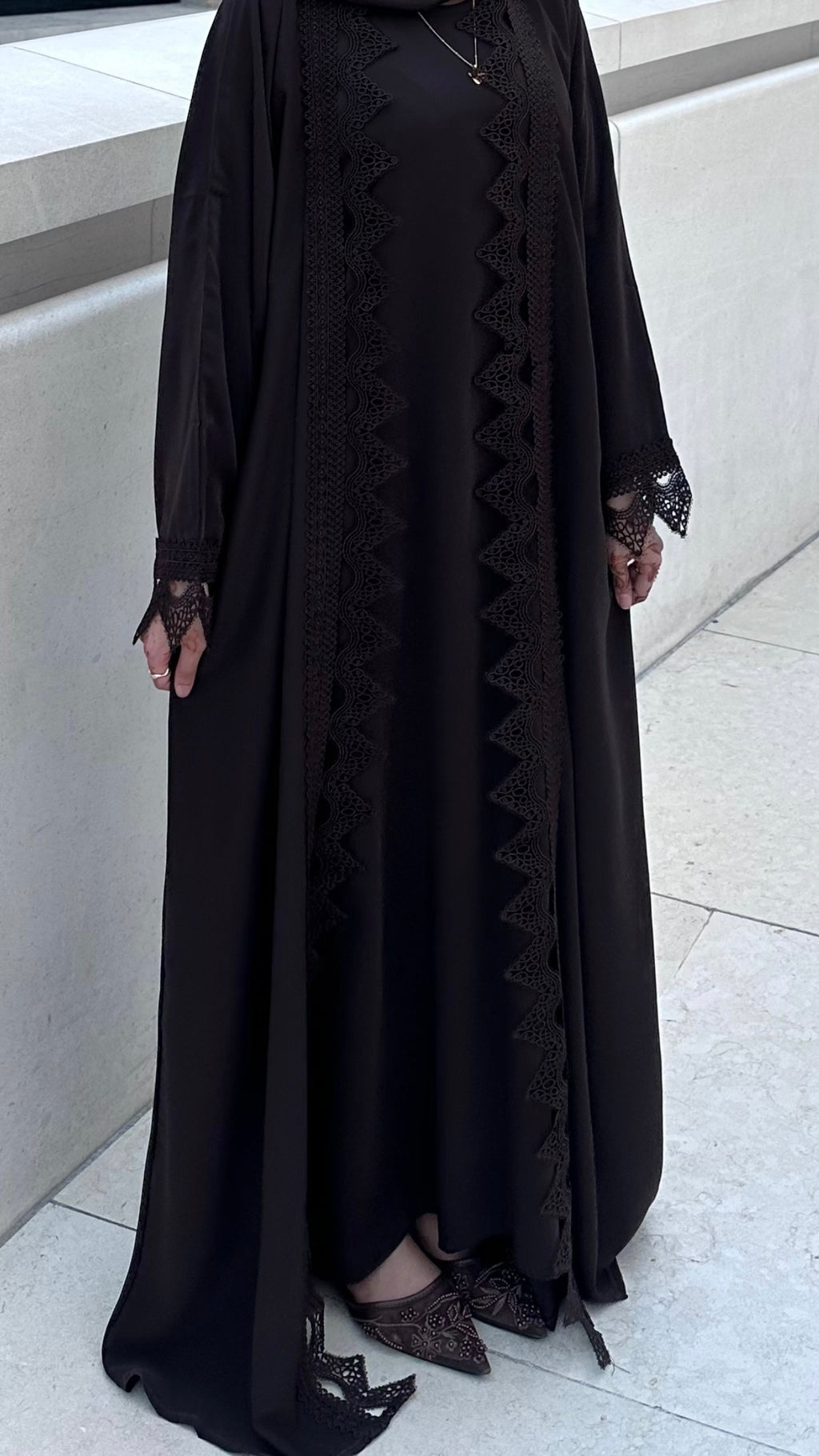 Sereen Lace Abaya 4 Piece Set – Brown Modest Abaya with Hijab, Slip Dress & Robe