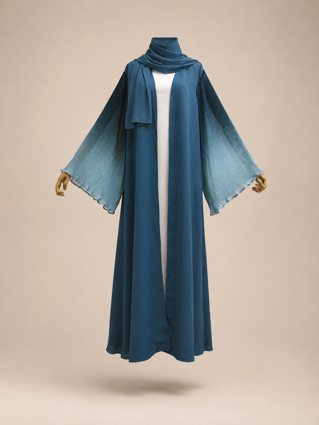 Blue Amara Pleated Open Abaya With Hijab