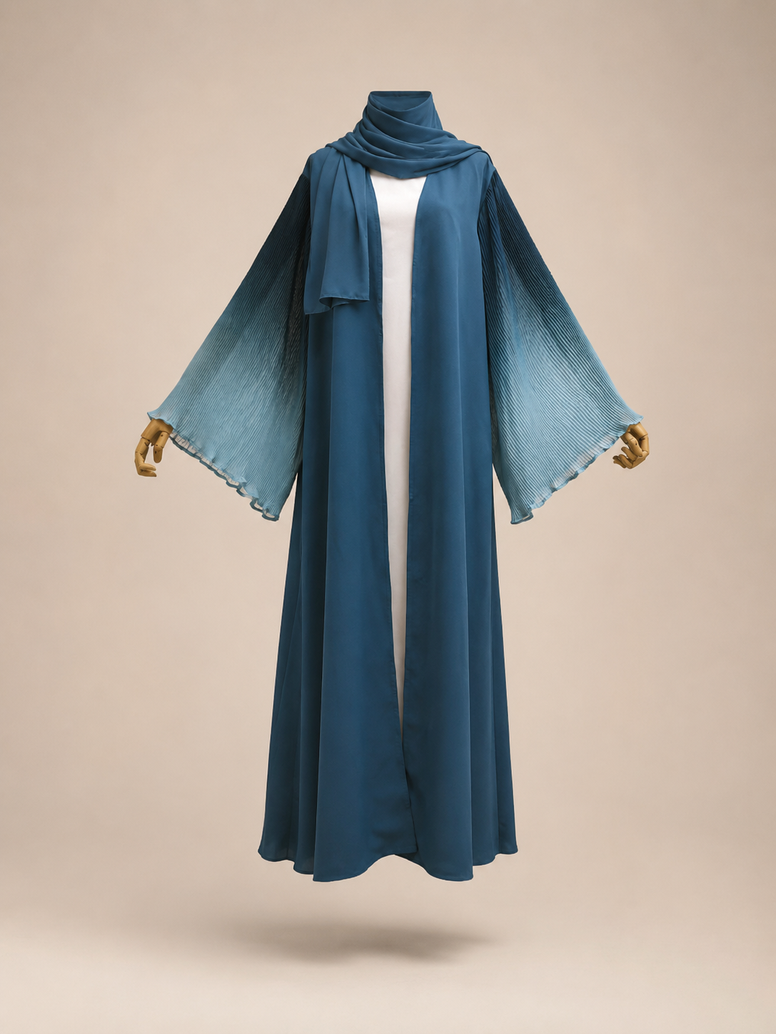 Blue Amara Pleated Open Abaya With Hijab
