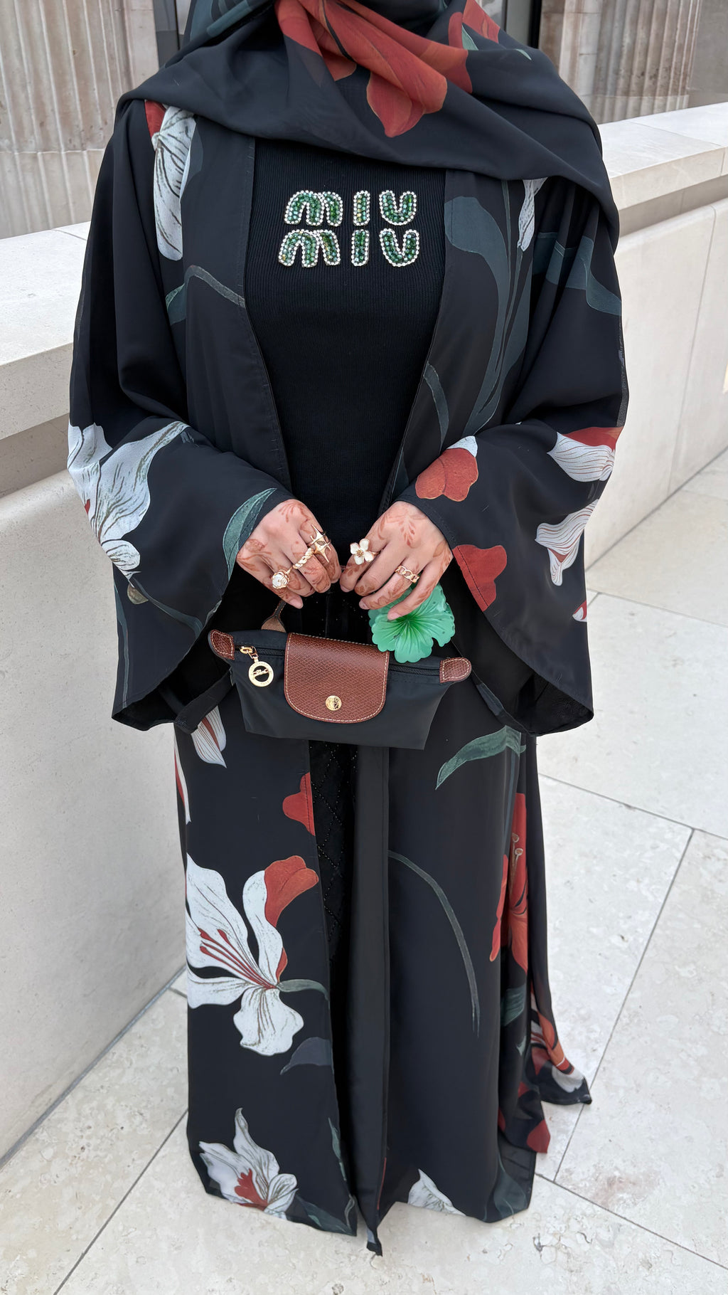 Nyla Petal Abaya — Black Floral