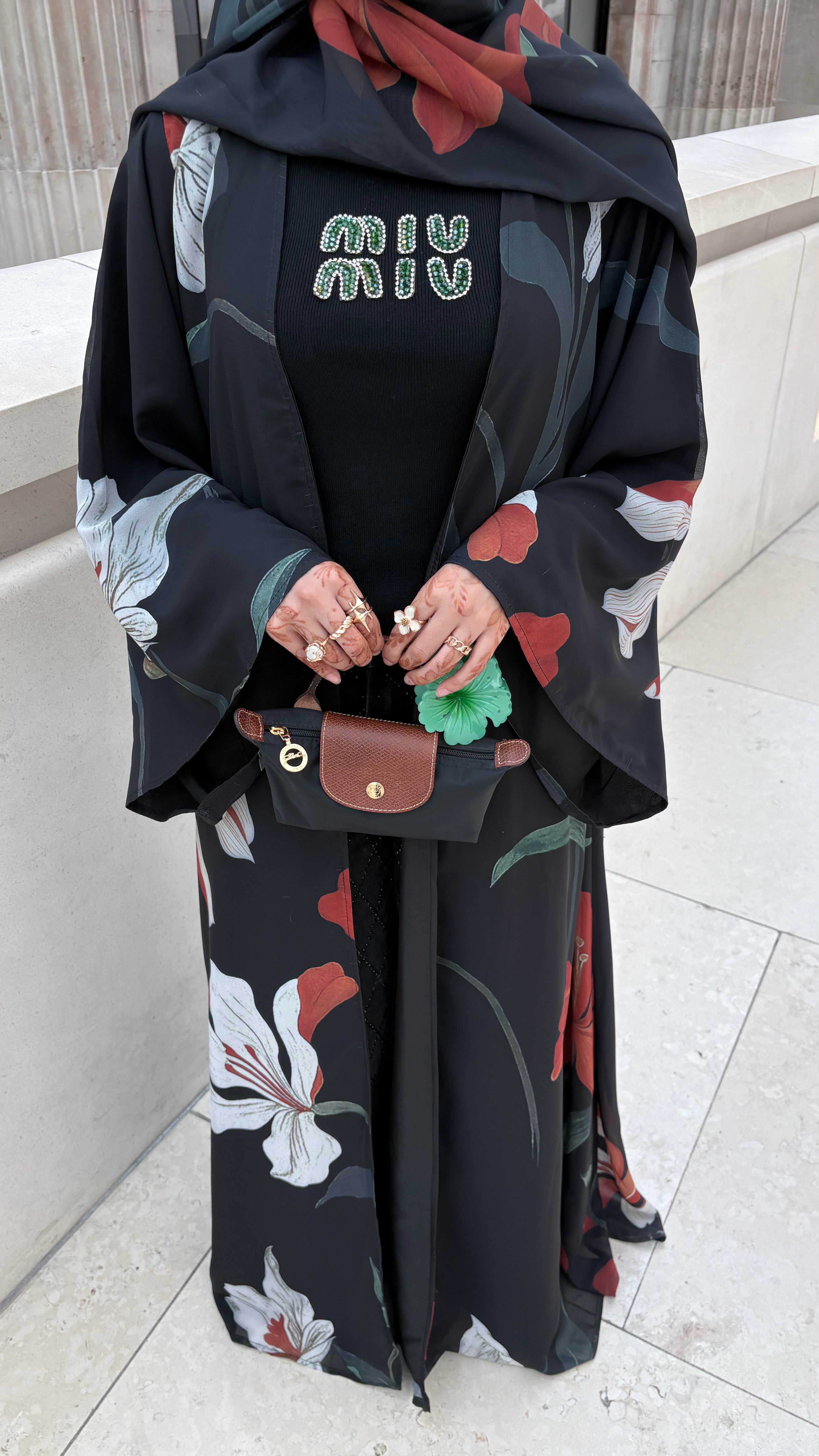 Nyla Petal Abaya — Black Floral