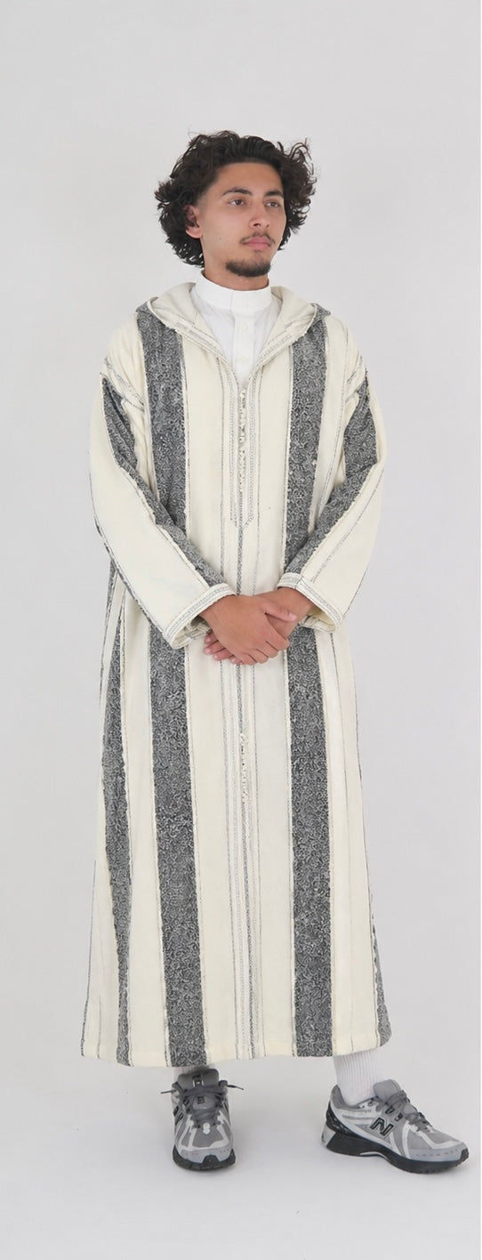 Men’s White & Grey Striped Moroccan Djellaba