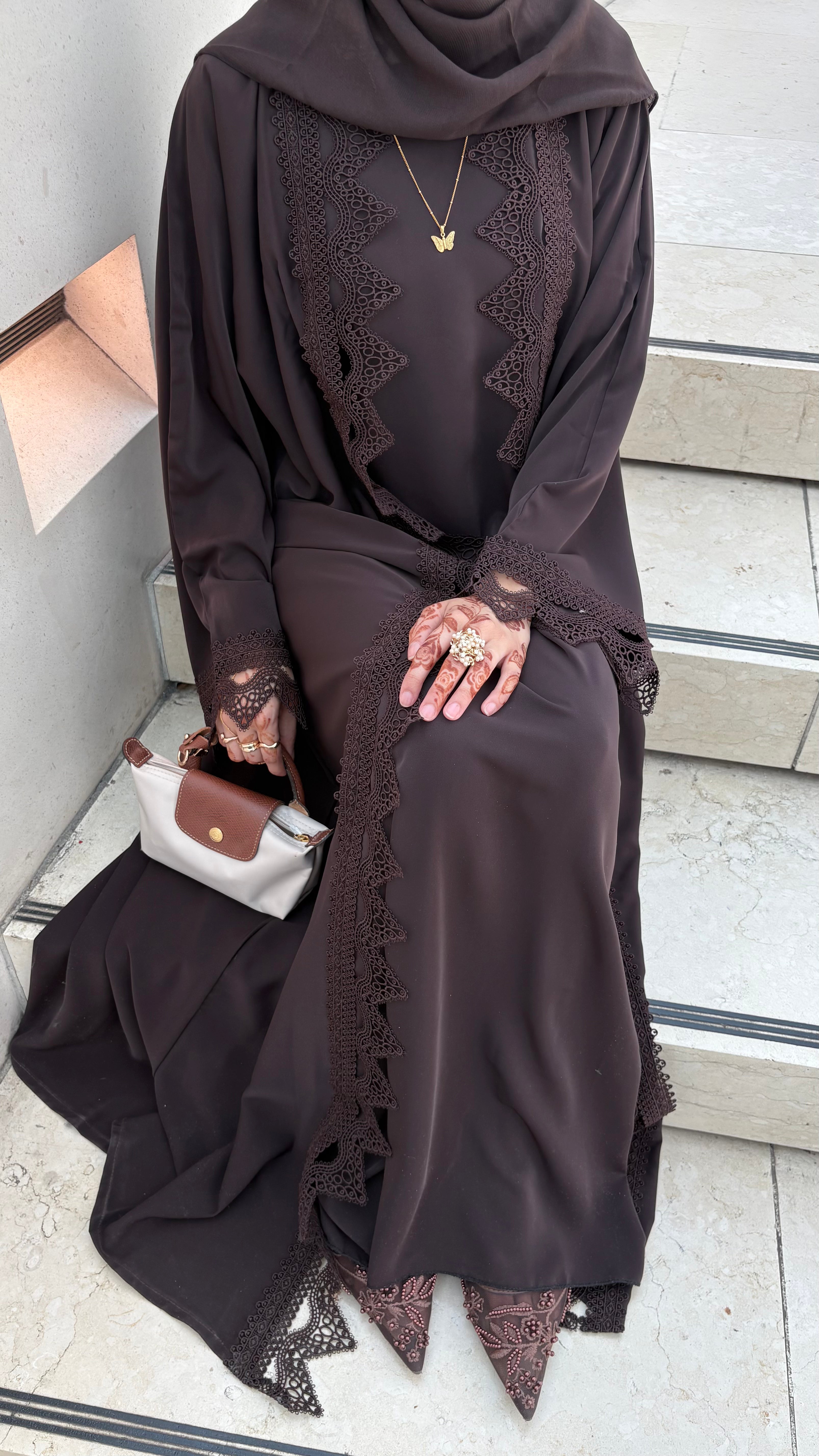 Sereen Lace Abaya 4 Piece Set – Brown Modest Abaya with Hijab, Slip Dress & Robe