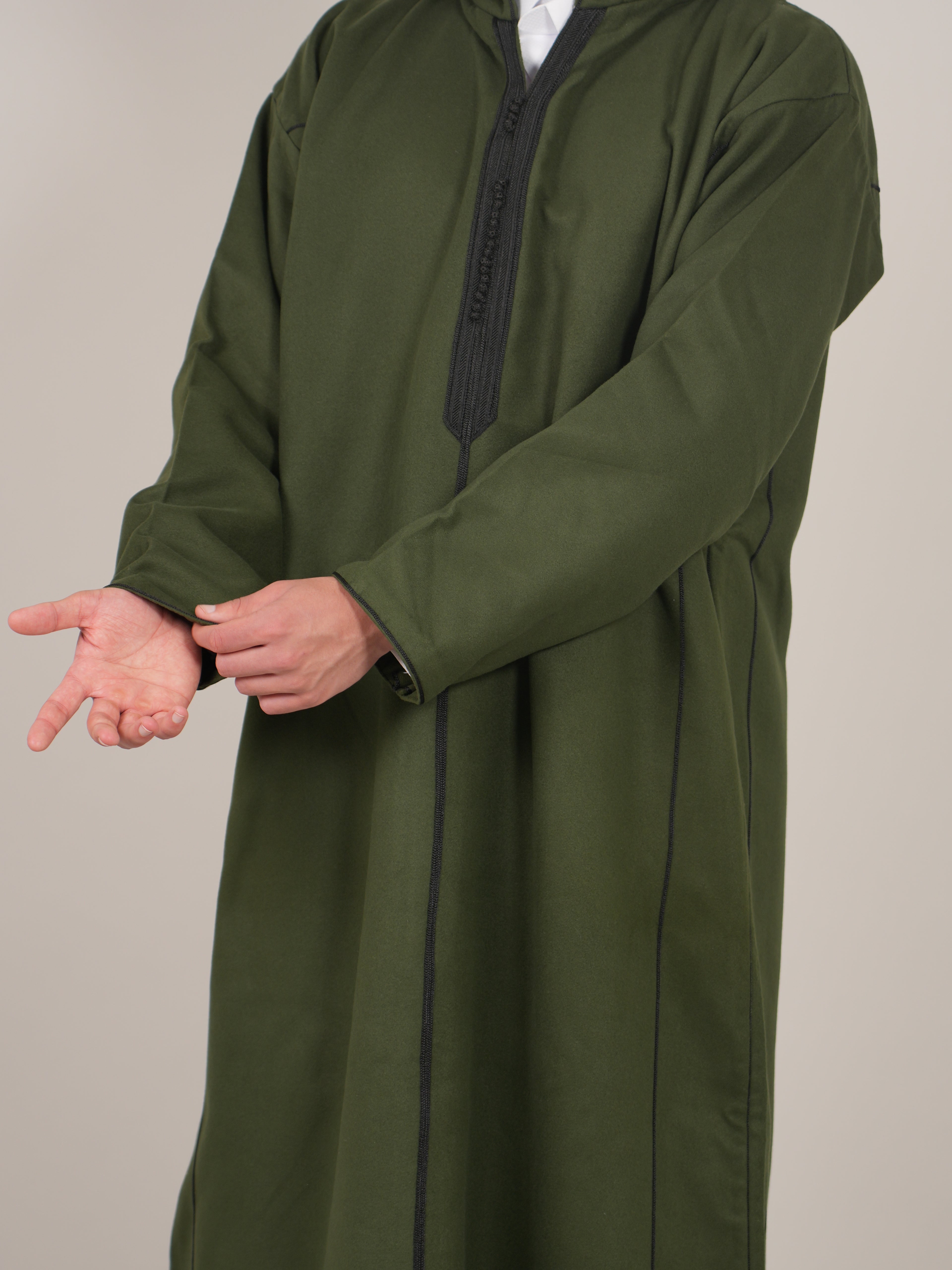 Khaki Green Moroccan Djellaba Thobe - Luxury Jubbah Made in Morocco - YAZIR