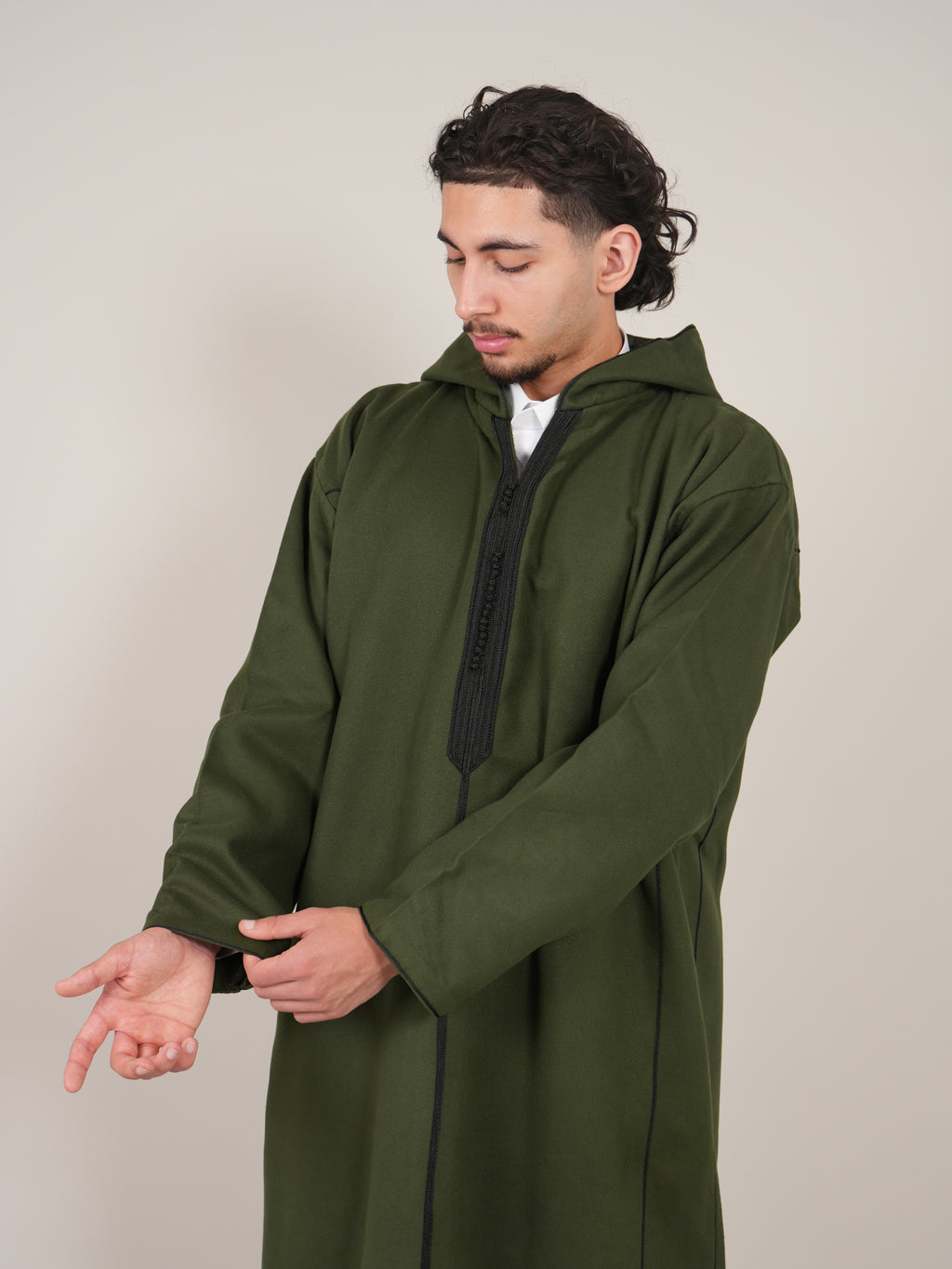 Khaki Green Moroccan Djellaba Thobe - Luxury Jubbah Made in Morocco - YAZIR