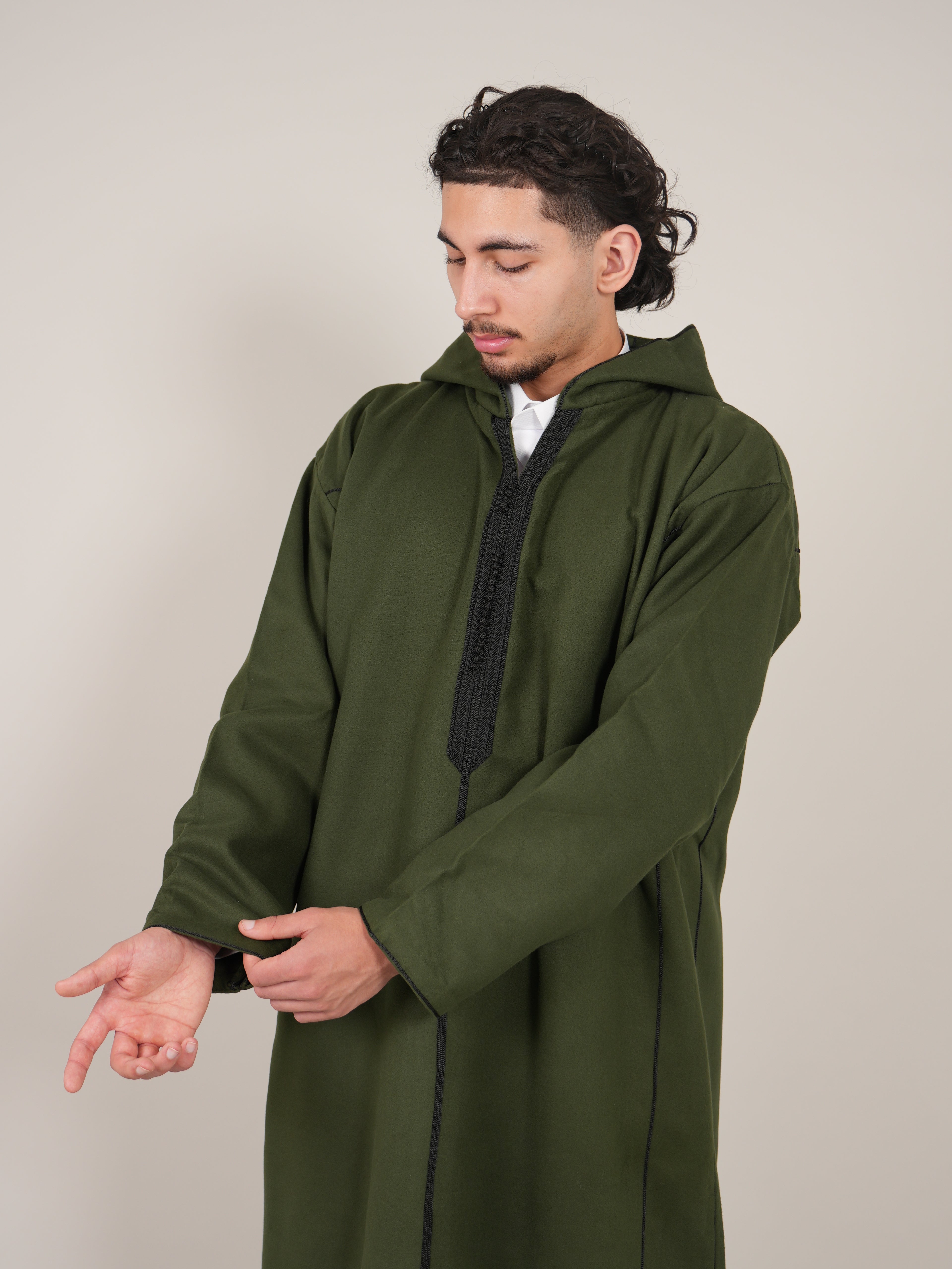 Khaki Green Moroccan Djellaba Thobe - Luxury Jubbah Made in Morocco - YAZIR