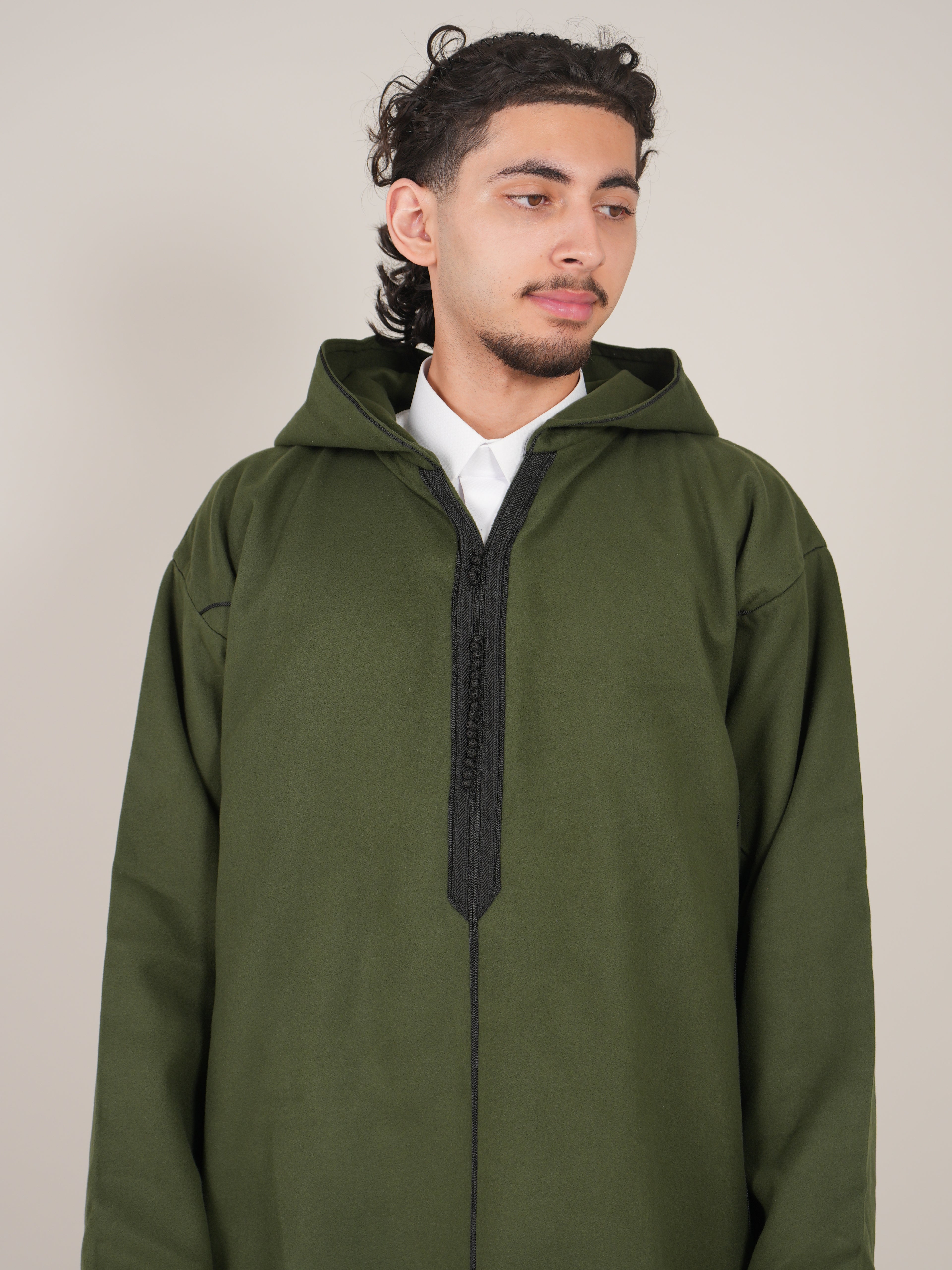 Khaki Green Moroccan Djellaba Thobe - Luxury Jubbah Made in Morocco - YAZIR