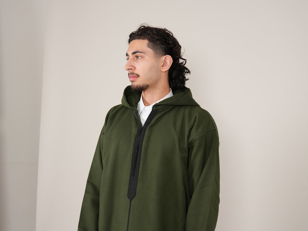 Khaki Green Moroccan Djellaba Thobe - Luxury Jubbah Made in Morocco - YAZIR