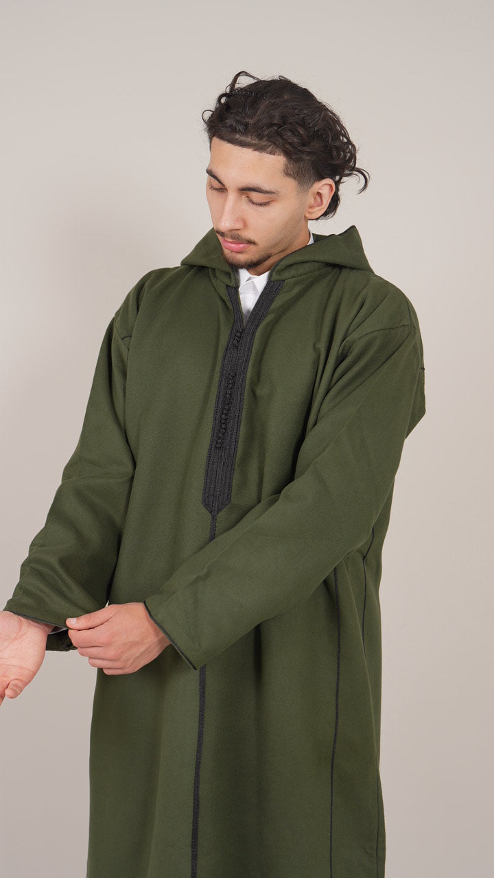 Khaki Green Moroccan Djellaba Thobe - Luxury Jubbah Made in Morocco - YAZIR