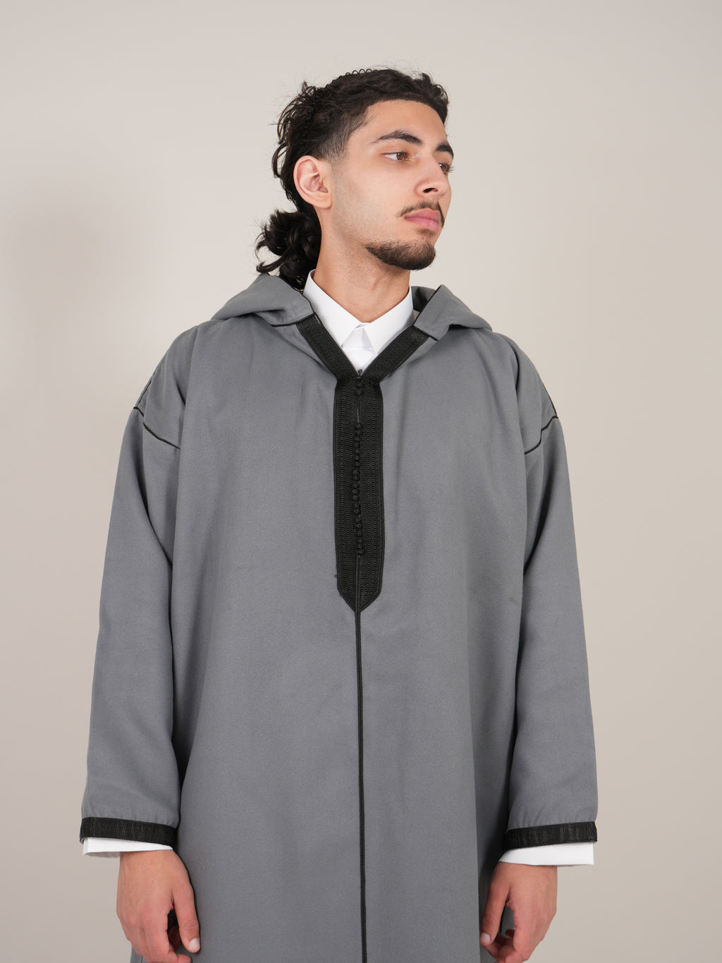 Grey & Black Moroccan Djellaba Thobe - Luxury Jubbah Made in Morocco - YAZIR