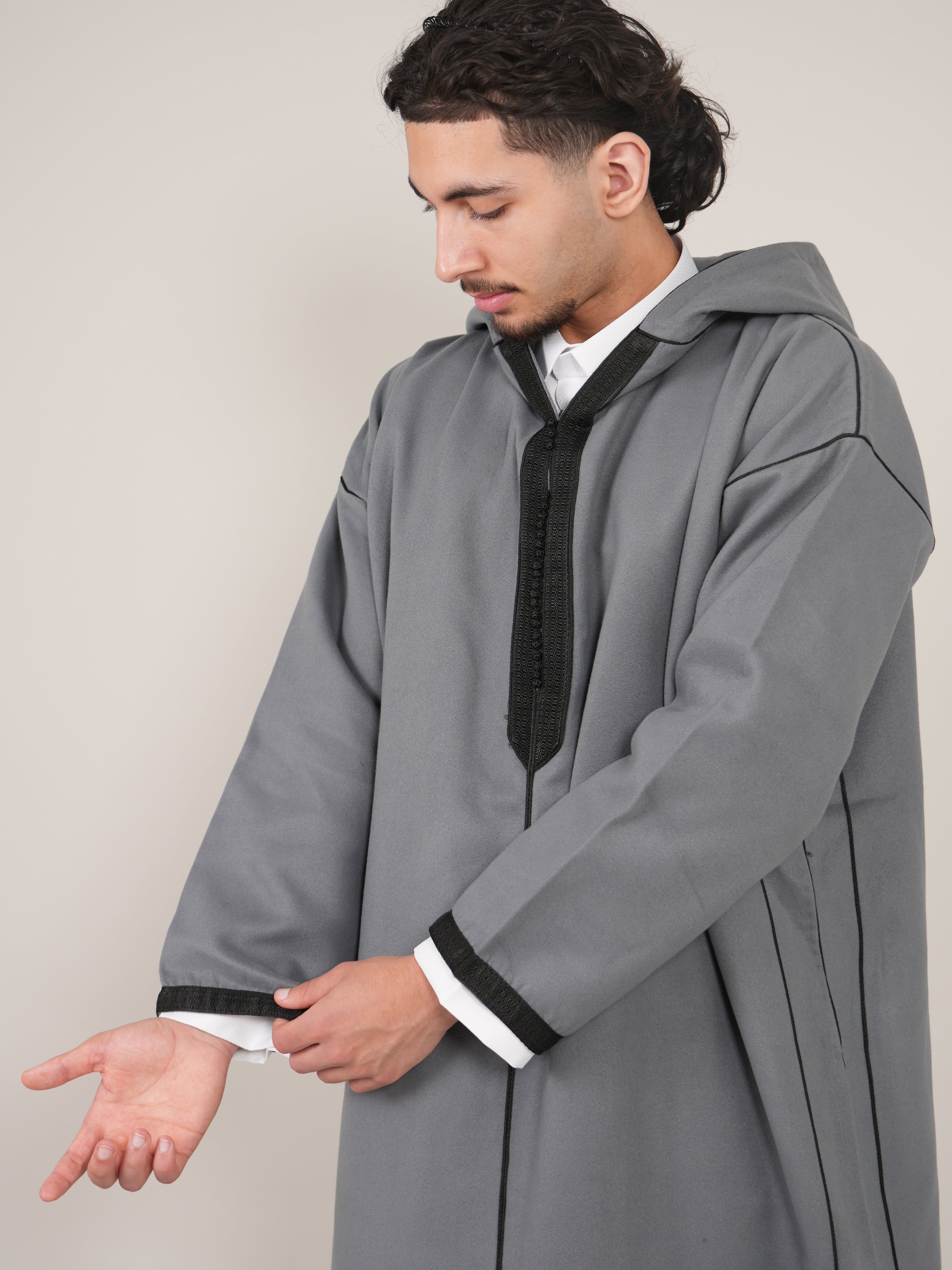Grey & Black Moroccan Djellaba Thobe - Luxury Jubbah Made in Morocco - YAZIR