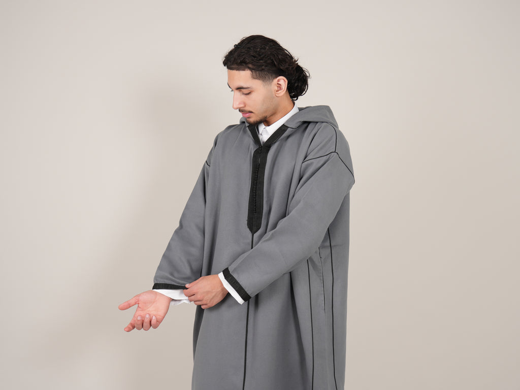 Grey & Black Moroccan Djellaba Thobe - Luxury Jubbah Made in Morocco - YAZIR