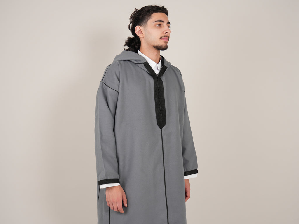 Grey & Black Moroccan Djellaba Thobe - Luxury Jubbah Made in Morocco - YAZIR