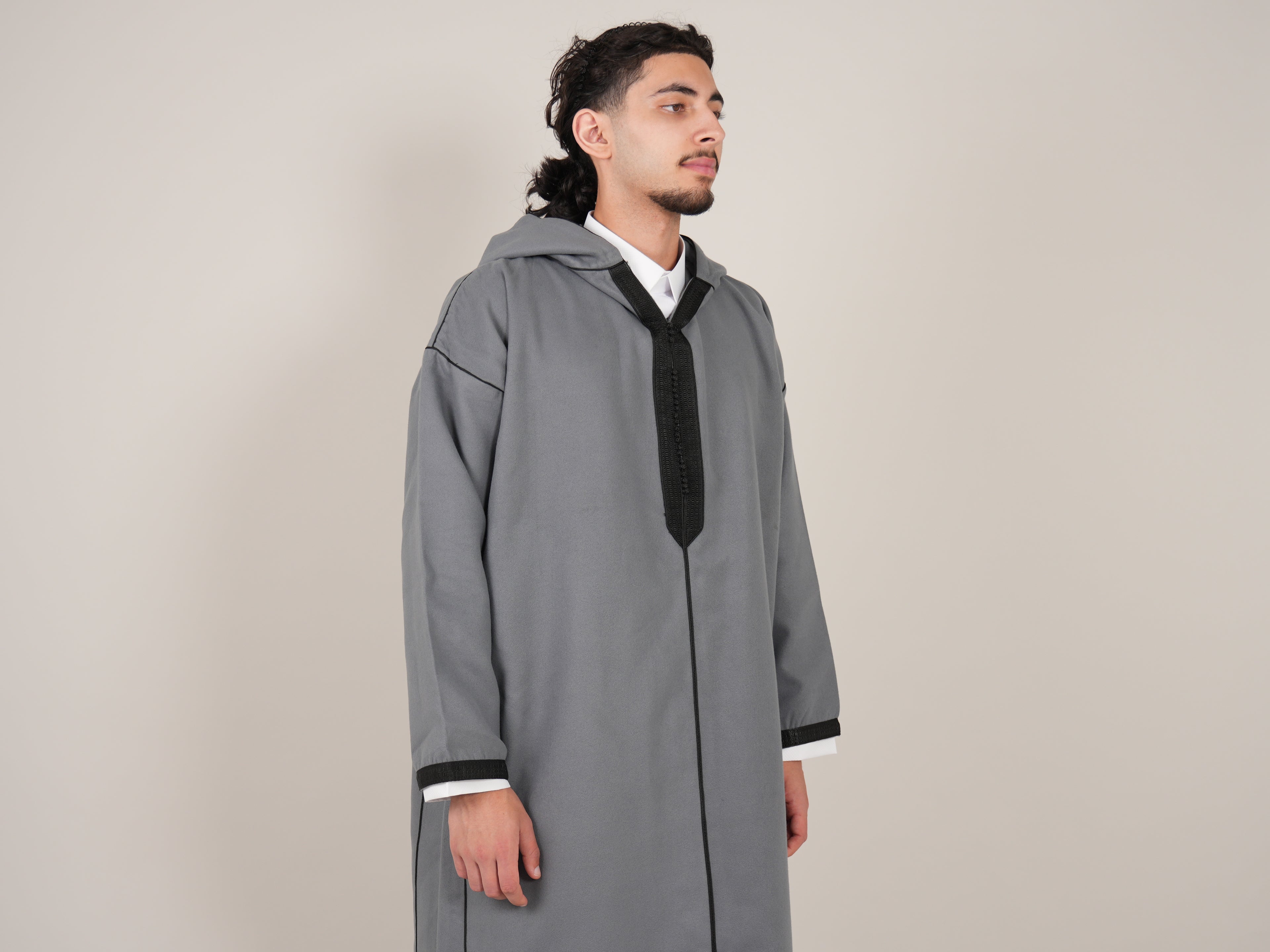 Grey & Black Moroccan Djellaba Thobe - Luxury Jubbah Made in Morocco - YAZIR