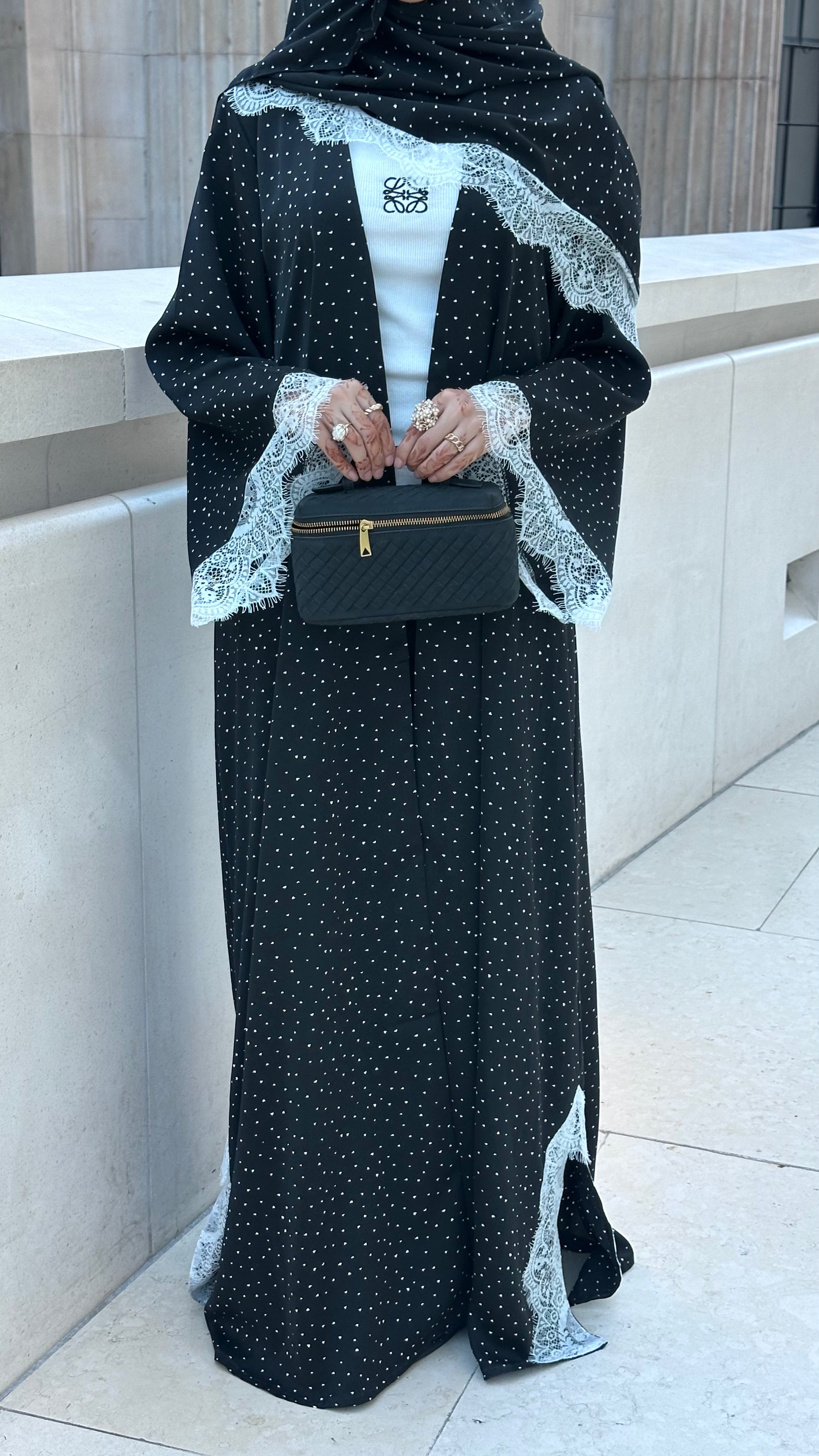 Noura Lace Dot Abaya - Black Polka Dot Abaya with Lace Hijab
