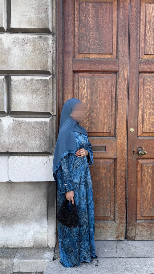 Avenra Printed Abaya 2 Piece Set – Teal Marble Modest Abaya with Hijab front view – From #1 Shop YAZIR – YAZIRCO