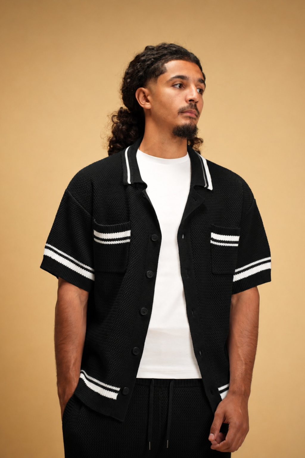 Crochet Knit Button Through Shirt - Black